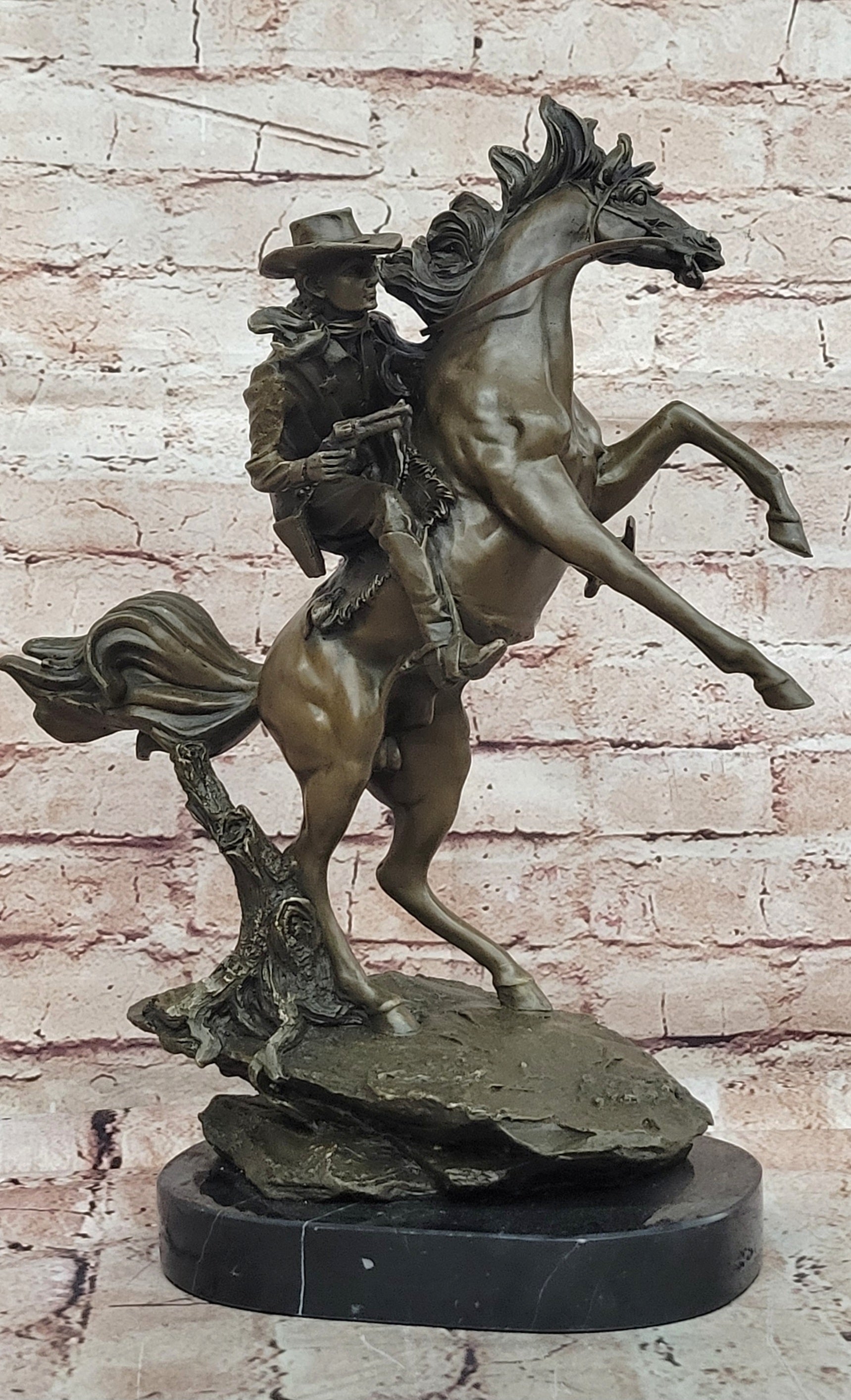 Signed Kamiko Cowboy Riding horse with Gun Bronze Sculpture Figurine Statue