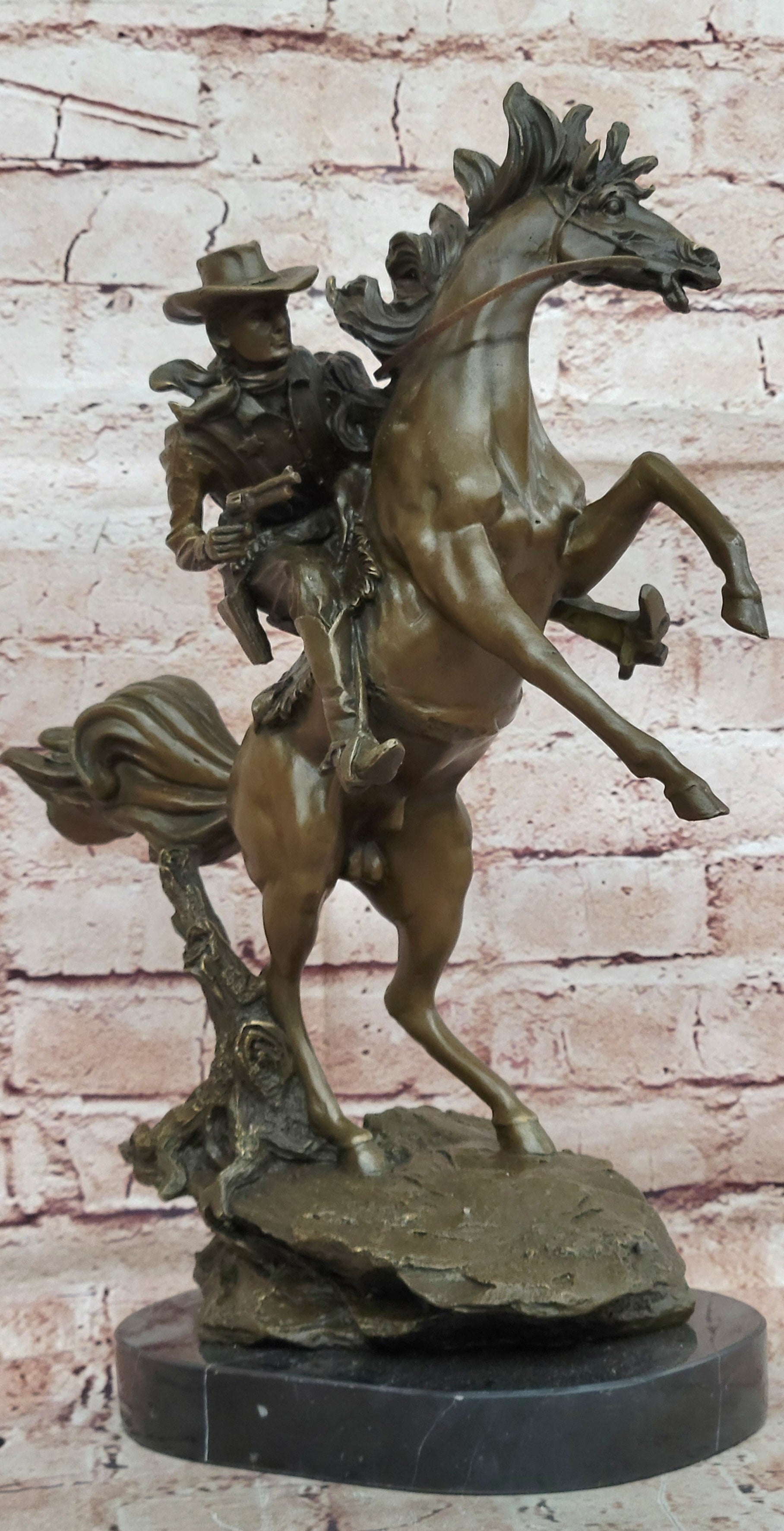 Signed Kamiko Cowboy Riding horse with Gun Bronze Sculpture Figurine Statue