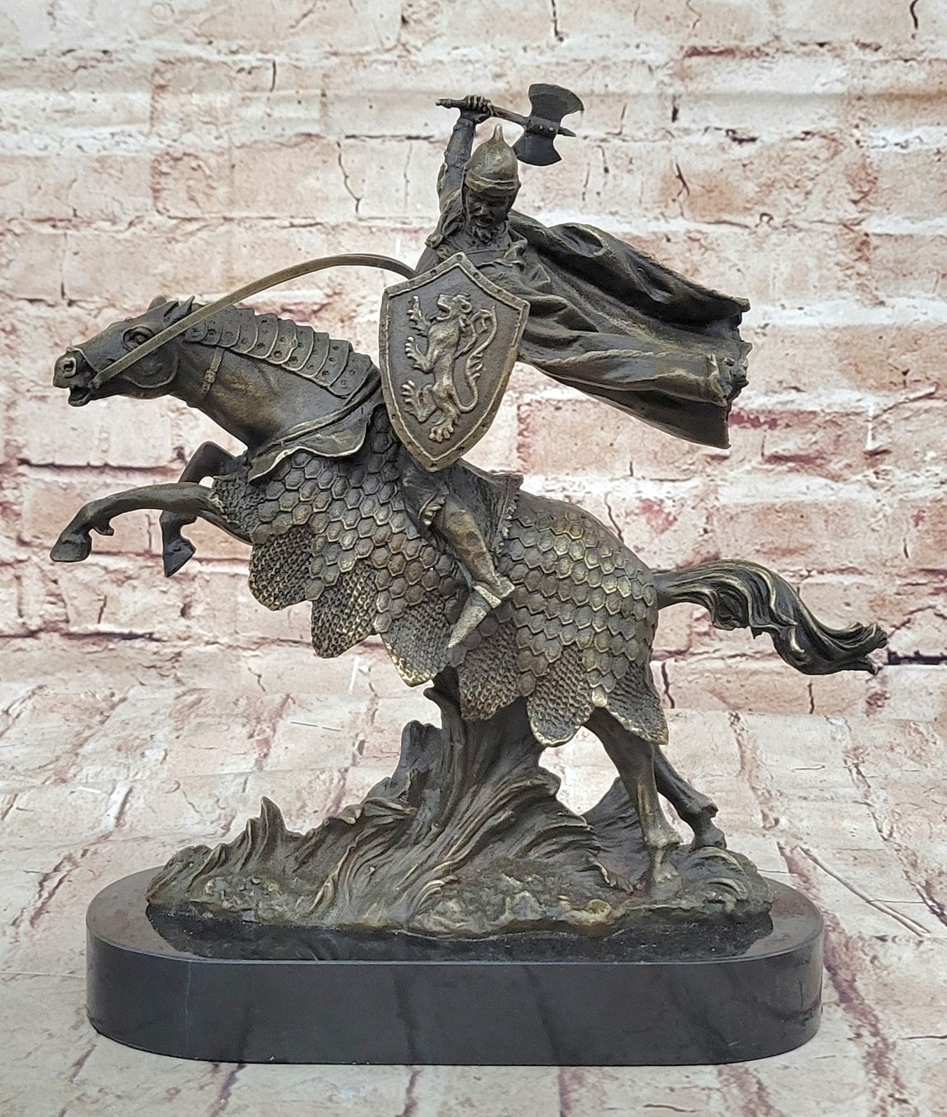 Viking sculpture - warrior on battle horse - bronze and marble - 11 (28cm)" Statue