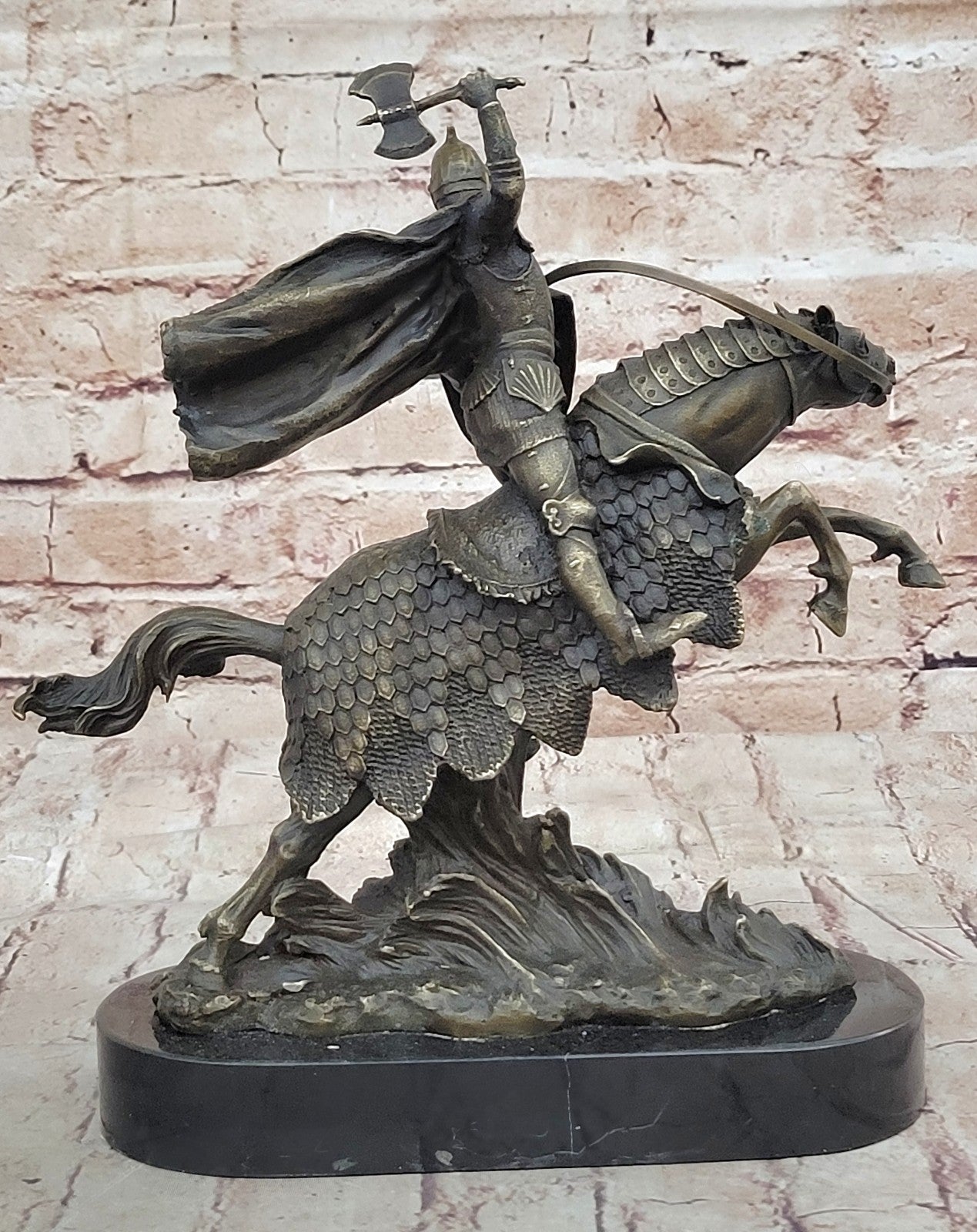 Viking sculpture - warrior on battle horse - bronze and marble - 11 (28cm)" Statue