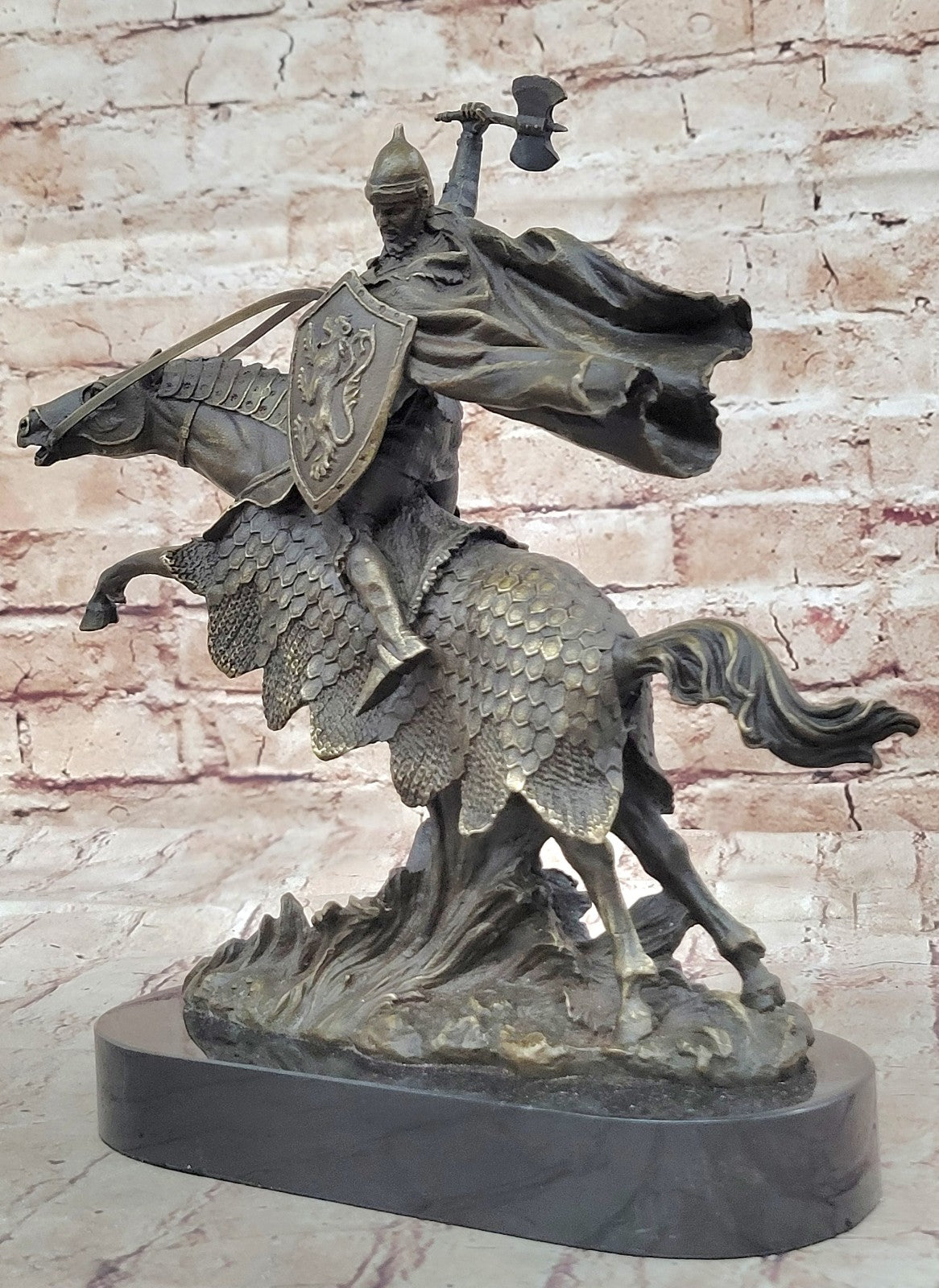 Viking sculpture - warrior on battle horse - bronze and marble - 11 (28cm)" Statue