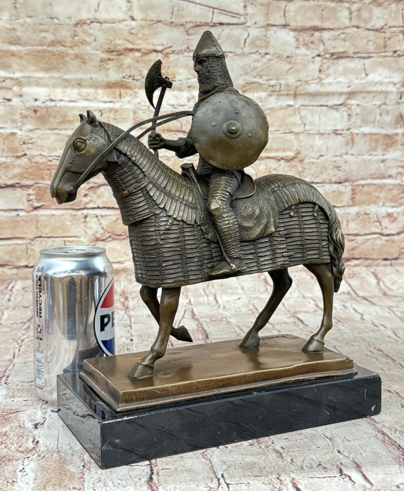 Genuine Bronze Sculpture Medieval Knight & Horse, Armor Sword Slate Base Hot Cast