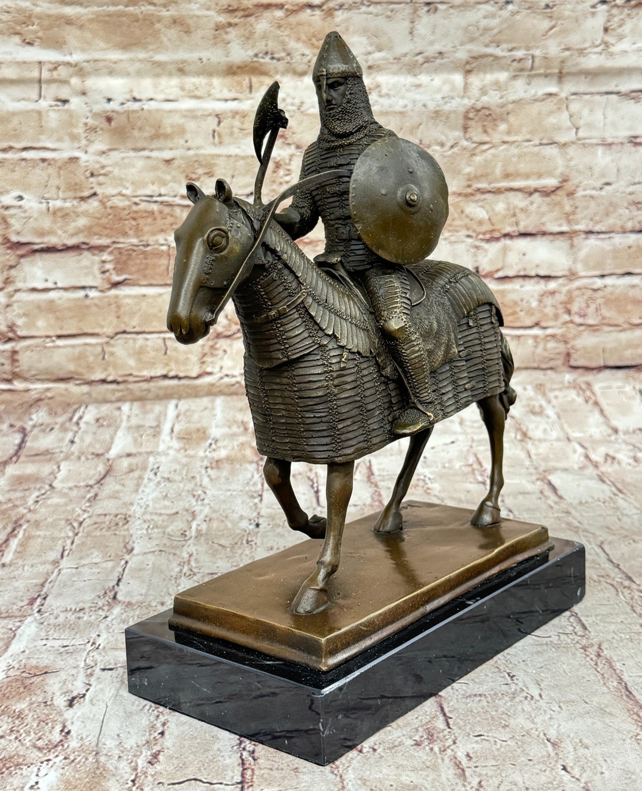 Genuine Bronze Sculpture Medieval Knight & Horse, Armor Sword Slate Base Hot Cast