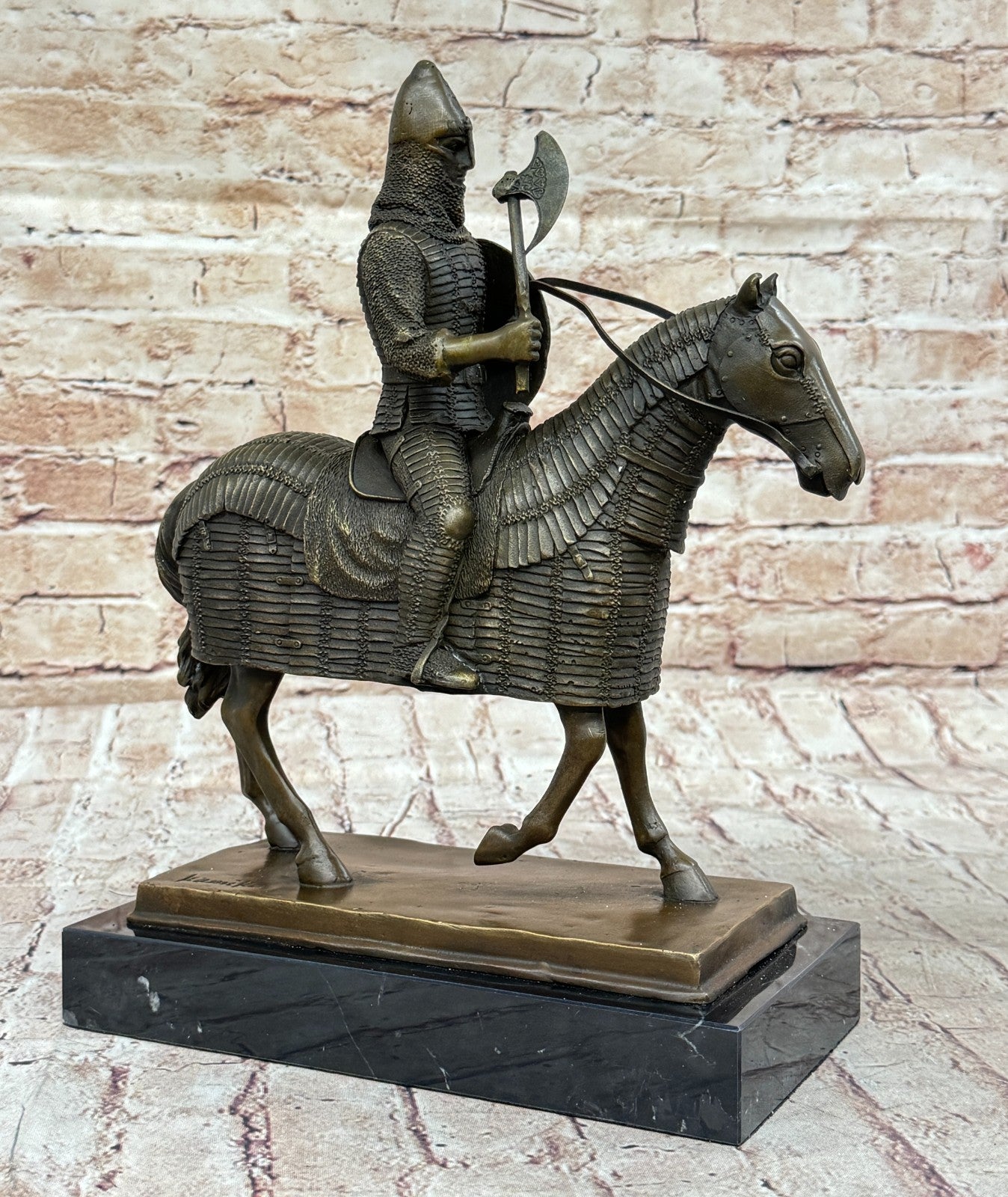 Genuine Bronze Sculpture Medieval Knight & Horse, Armor Sword Slate Base Hot Cast
