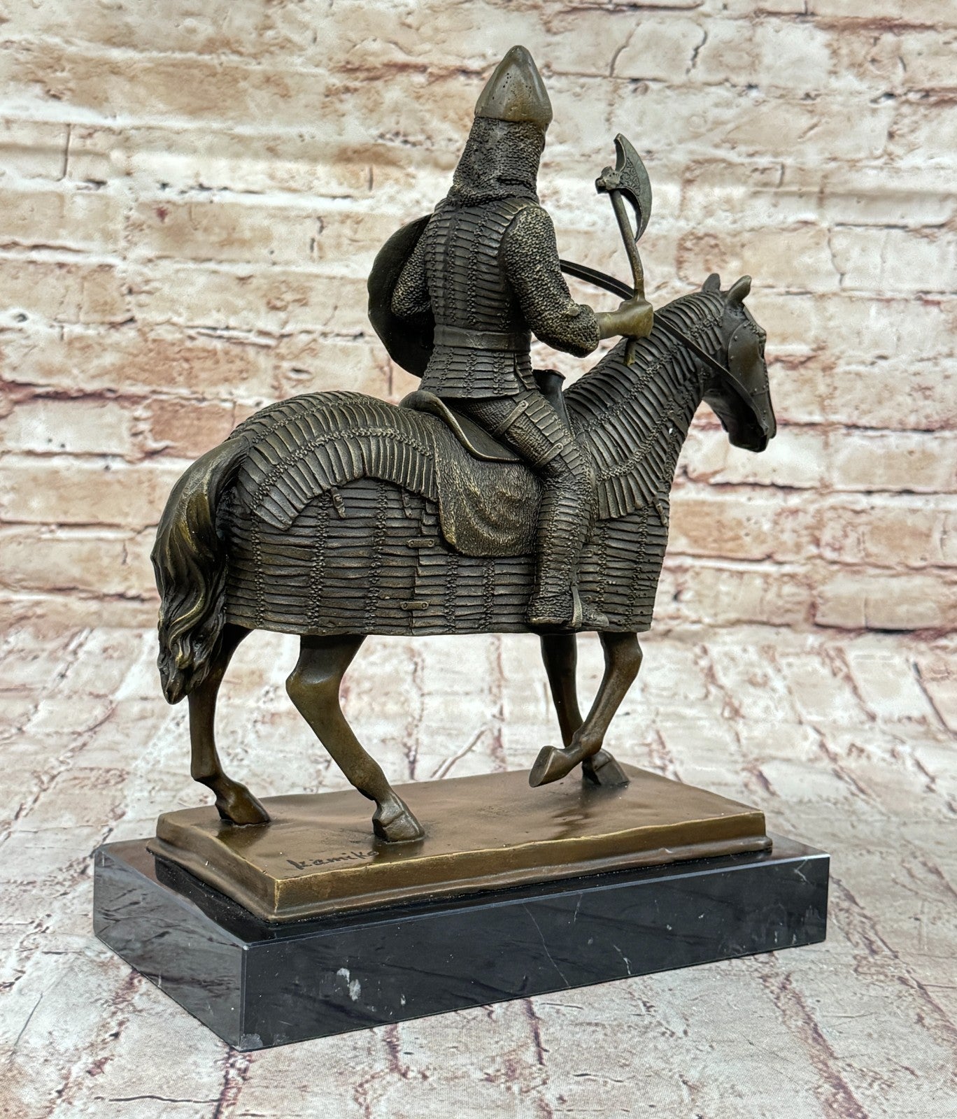 Genuine Bronze Sculpture Medieval Knight & Horse, Armor Sword Slate Base Hot Cast