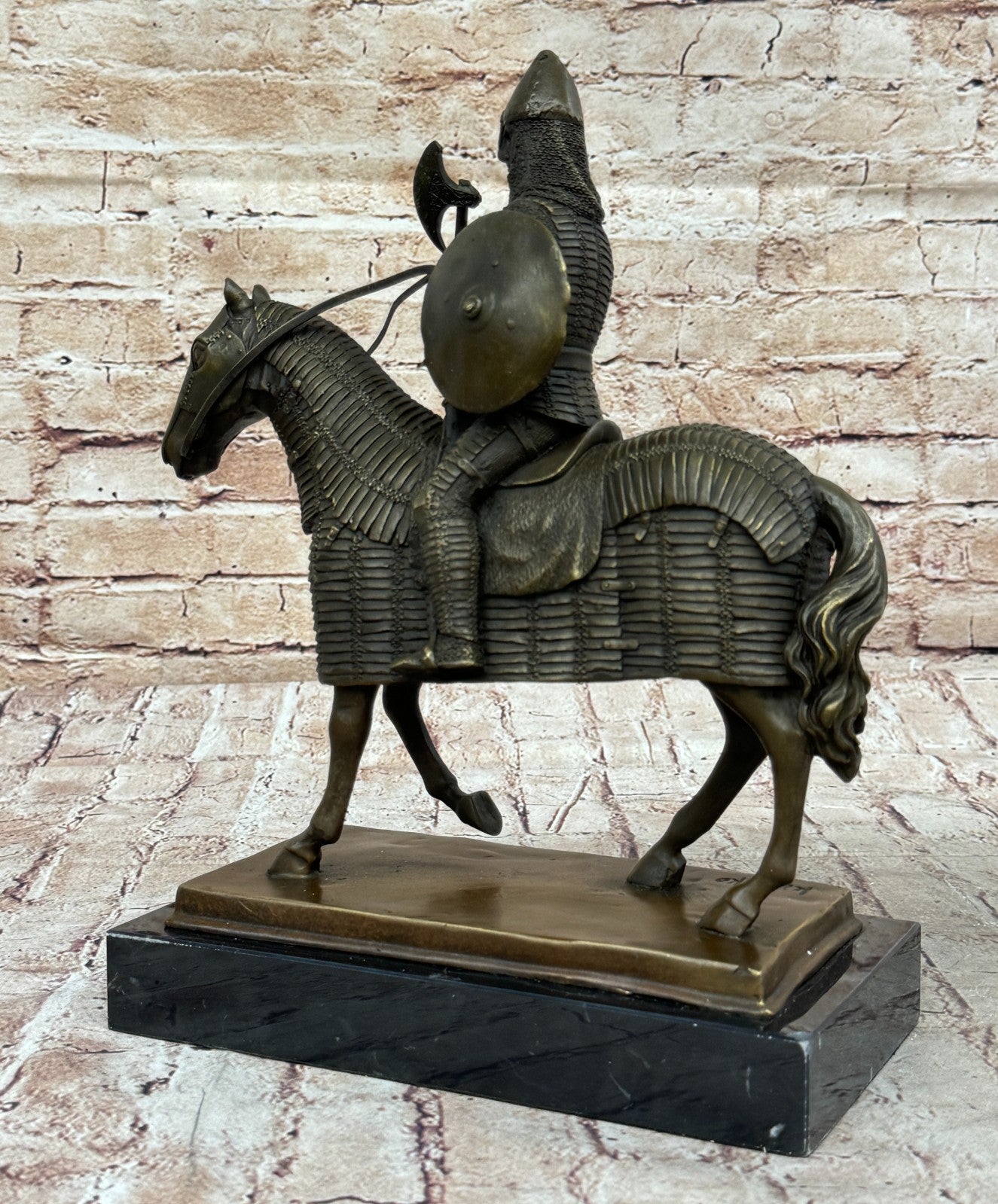 Genuine Bronze Sculpture Medieval Knight & Horse, Armor Sword Slate Base Hot Cast