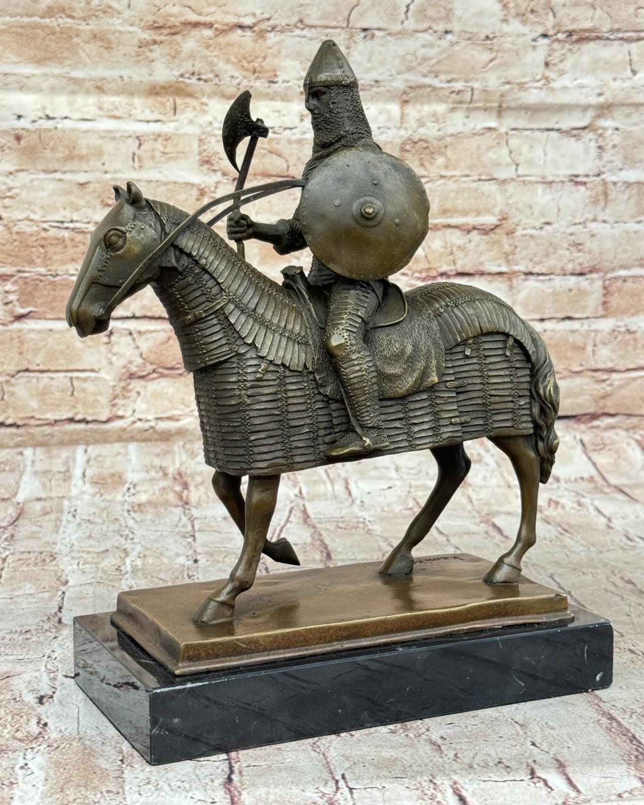 Genuine Bronze Sculpture Medieval Knight & Horse, Armor Sword Slate Base Hot Cast