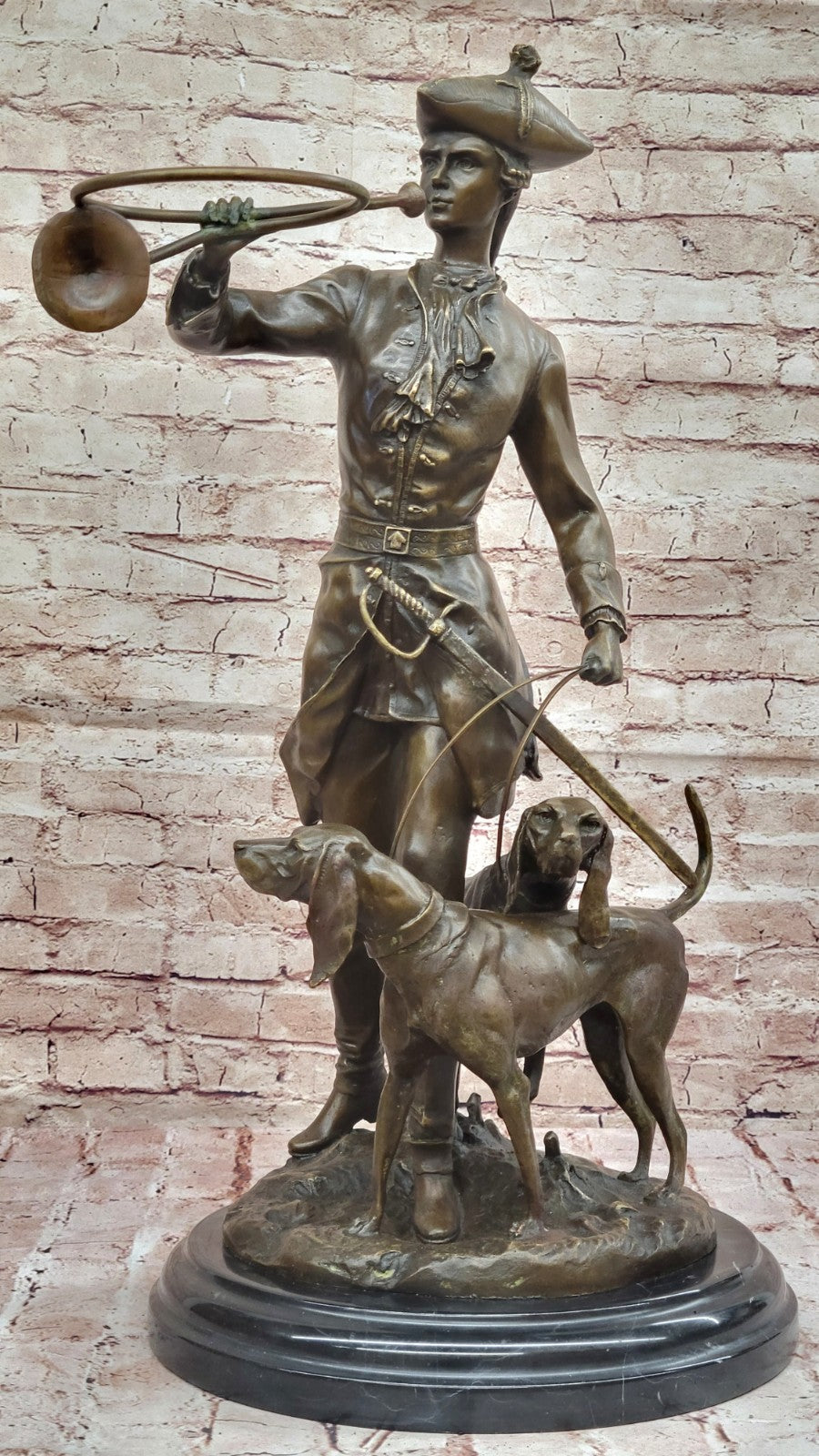 Large French Bronze Hunter Soldier Statue Bloodhound Dog Sculpture Figurine Deco