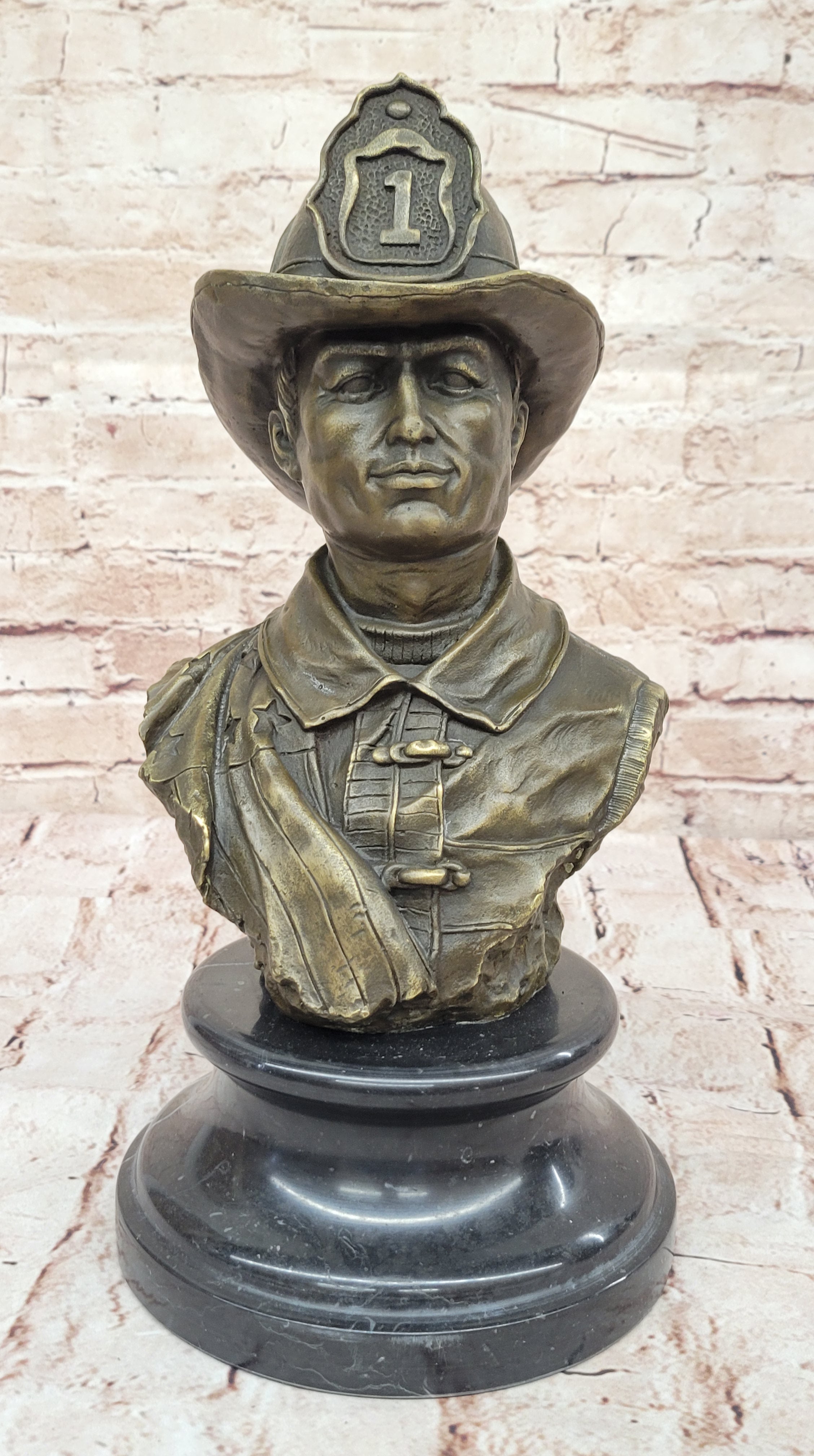 Fireman 911 Emergency Saving Life Bronze Sculpture Trophy Marble Figurine