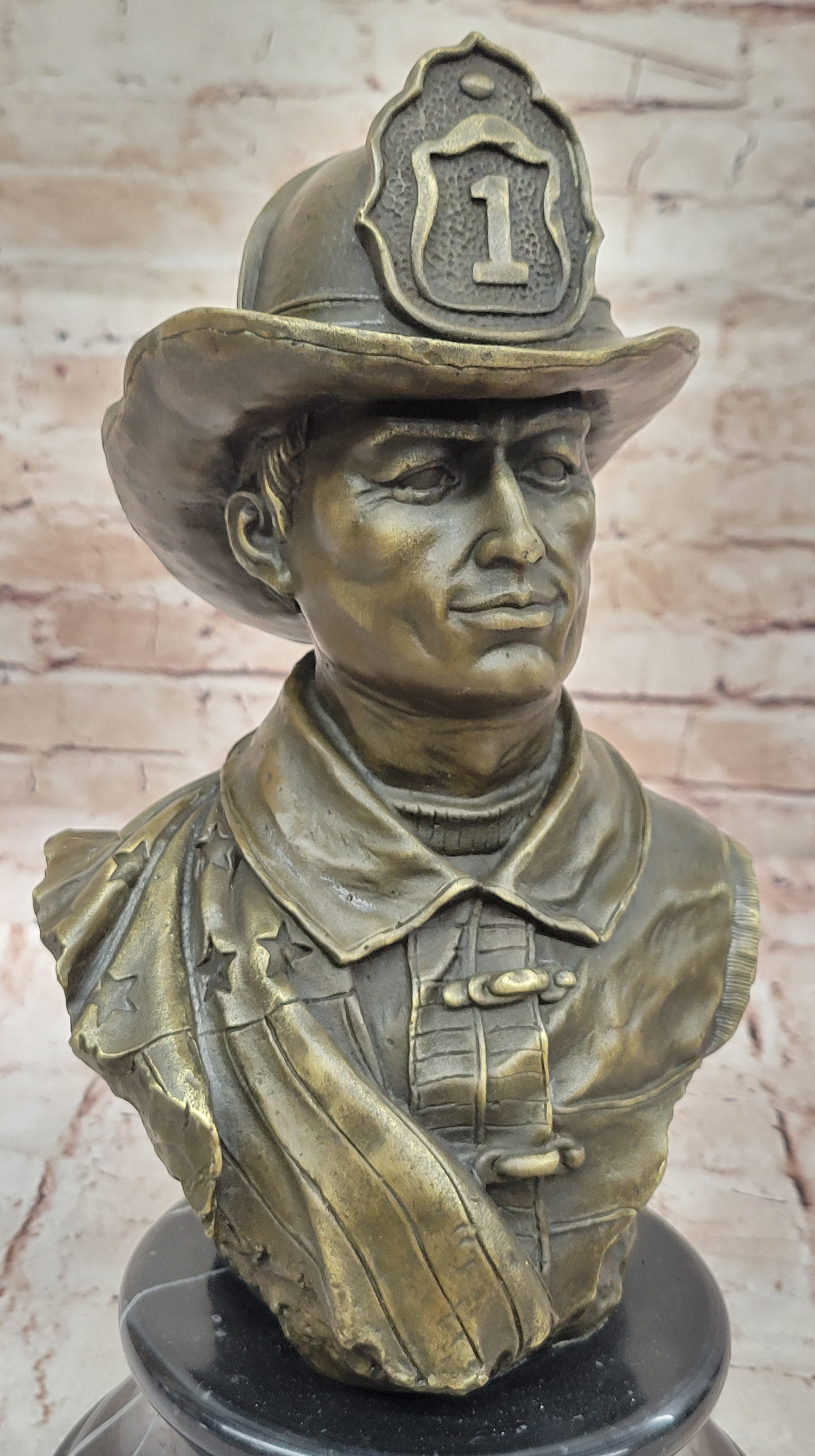 Fireman 911 Emergency Saving Life Bronze Sculpture Trophy Marble Figurine