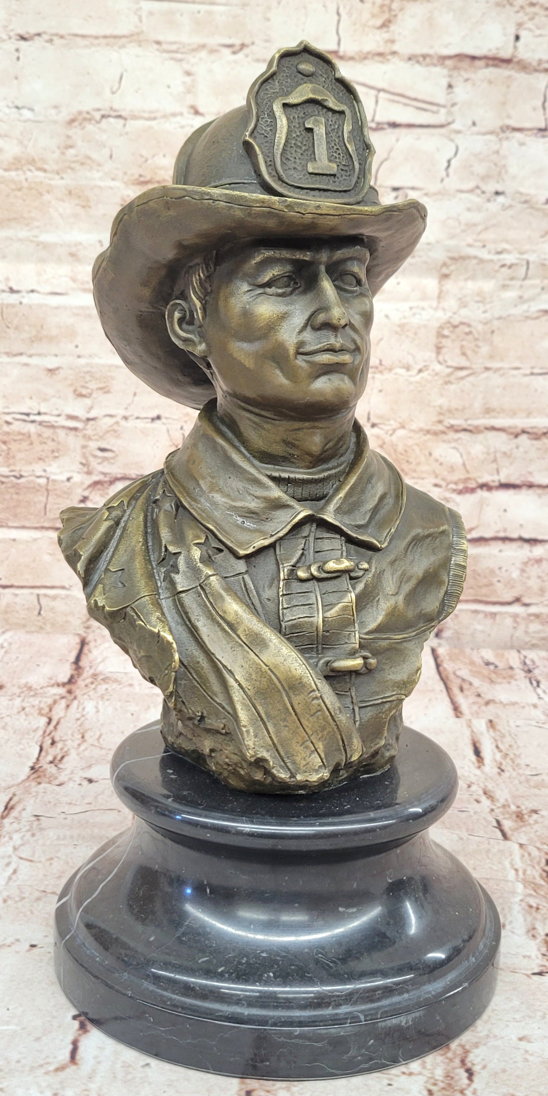 Fireman 911 Emergency Saving Life Bronze Sculpture Trophy Marble Figurine