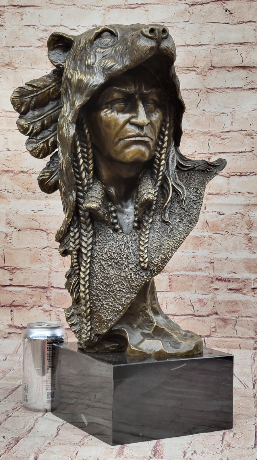 Handcrafted Large American Indian Warrior Bust Bonze Sculpture Detailed Figurine