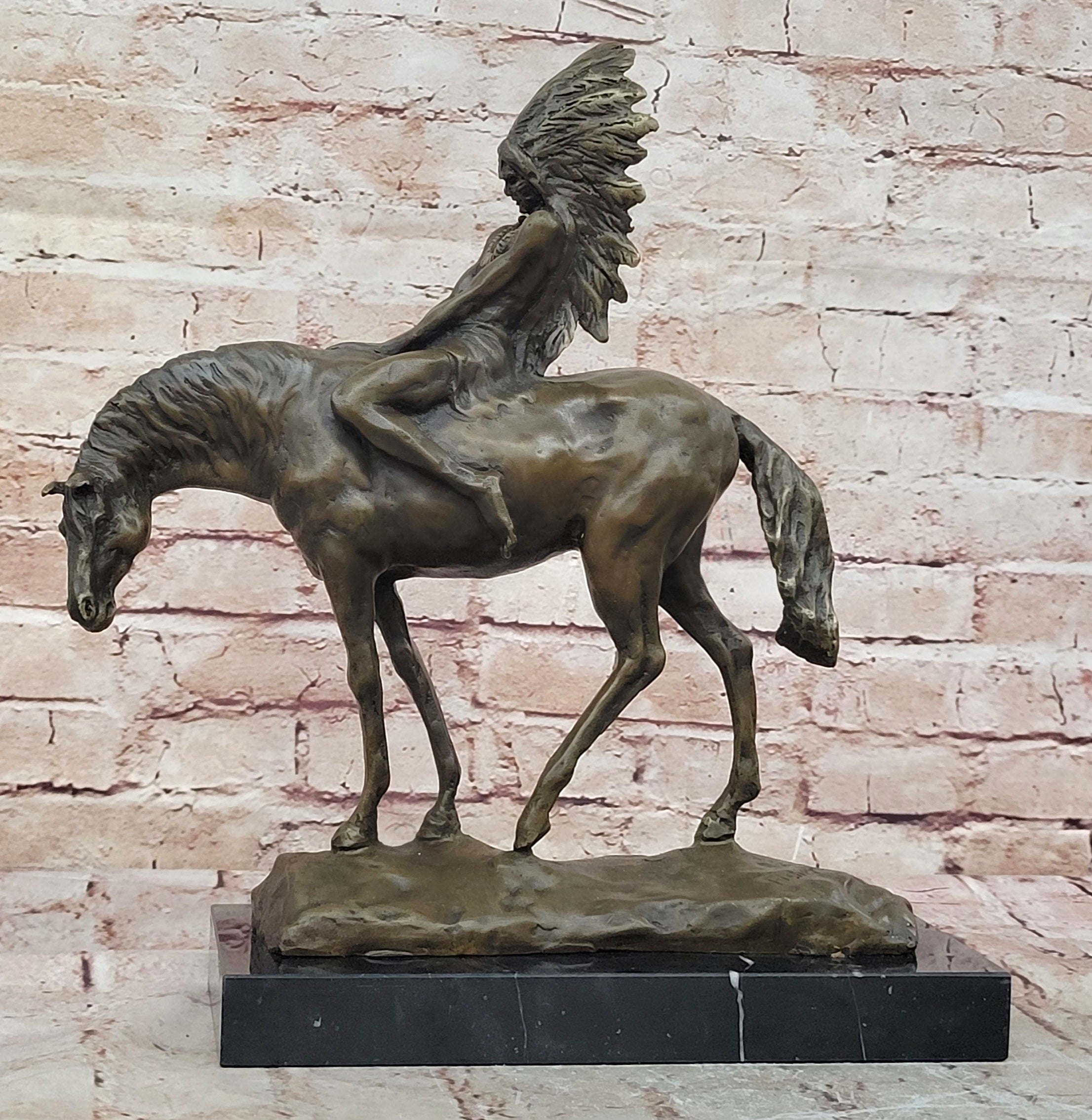 Signed Original Native American Indian Riding Horse Bronze Sculpture Figure Art