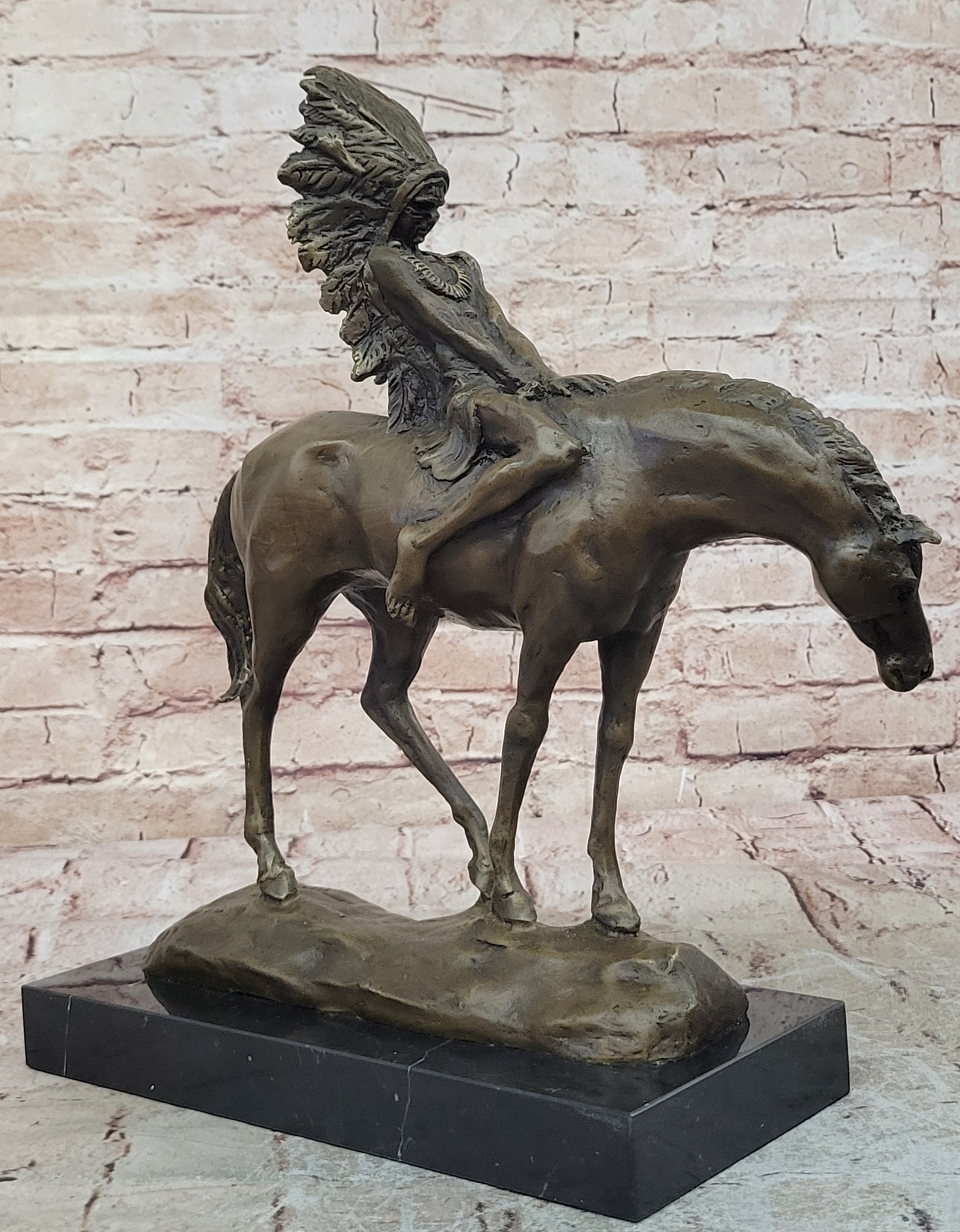 Signed Original Native American Indian Riding Horse Bronze Sculpture Figure Art