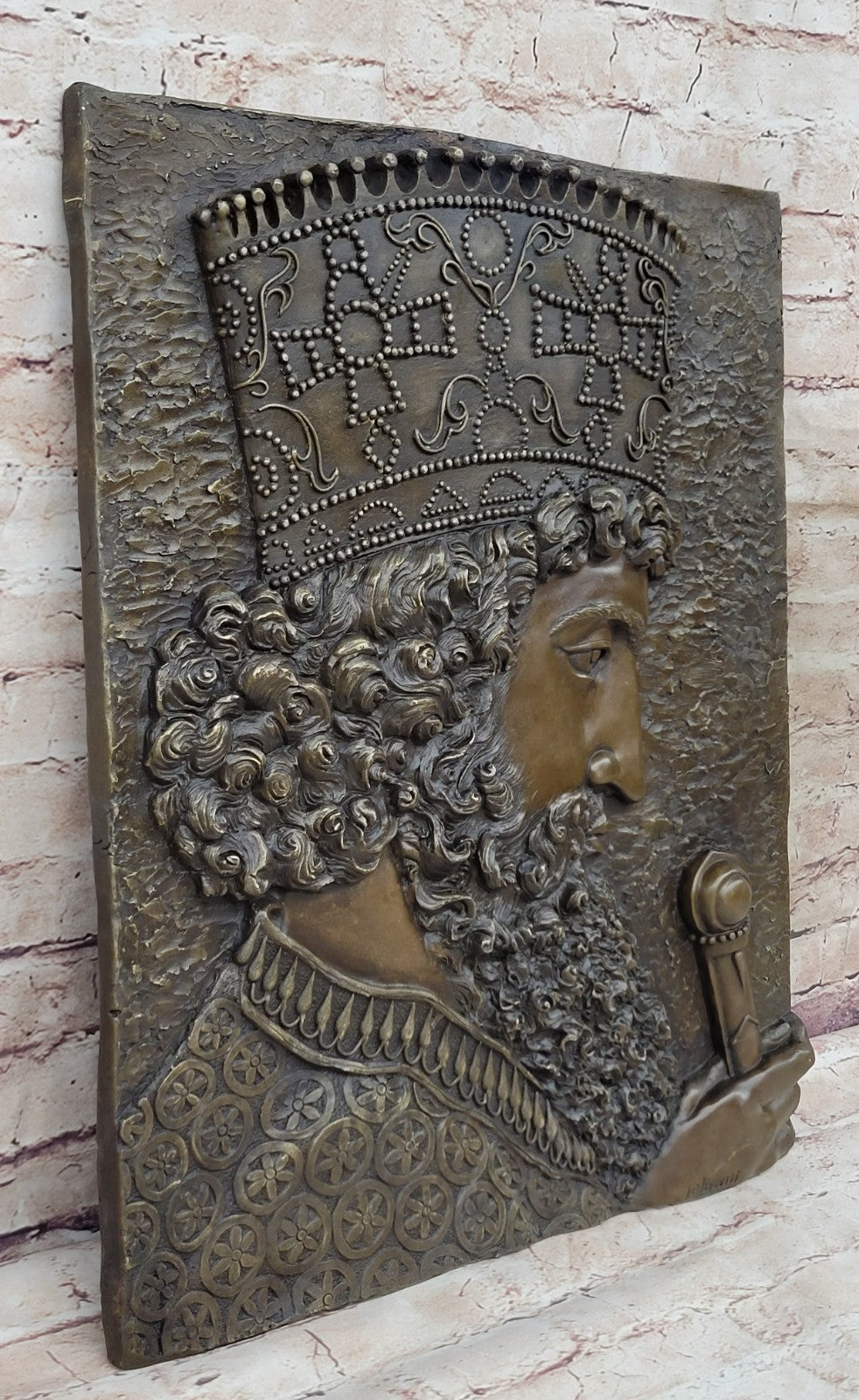 Vintage Artwork: Wall-Mounted Bronze Sculpture Depicting Cyrus The Great of Persia