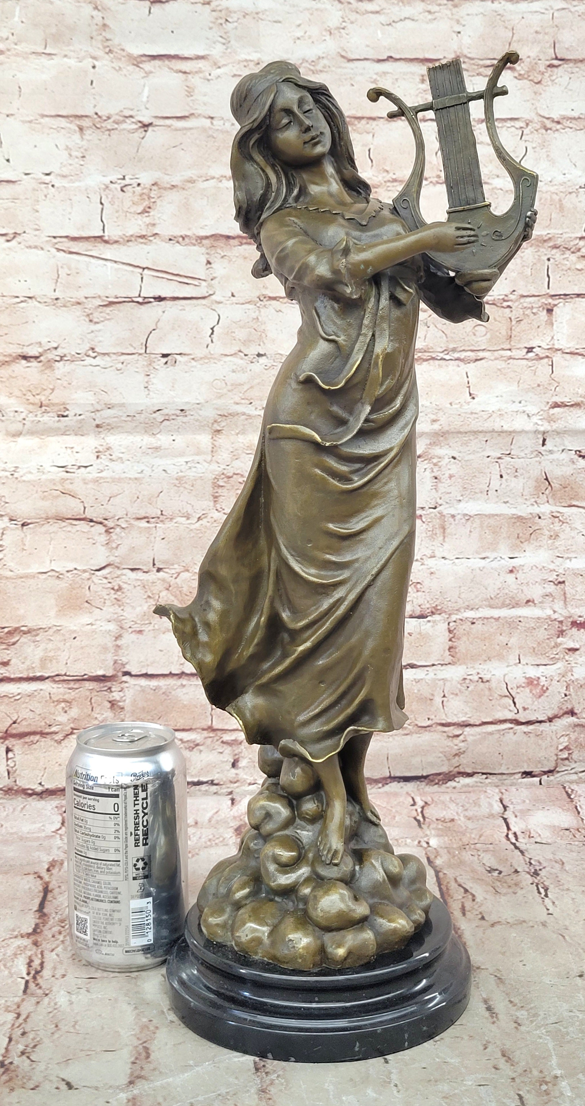 Vitaleh Bronze Harp Girl Statue Female Musician Figurine Detailed Sculpture