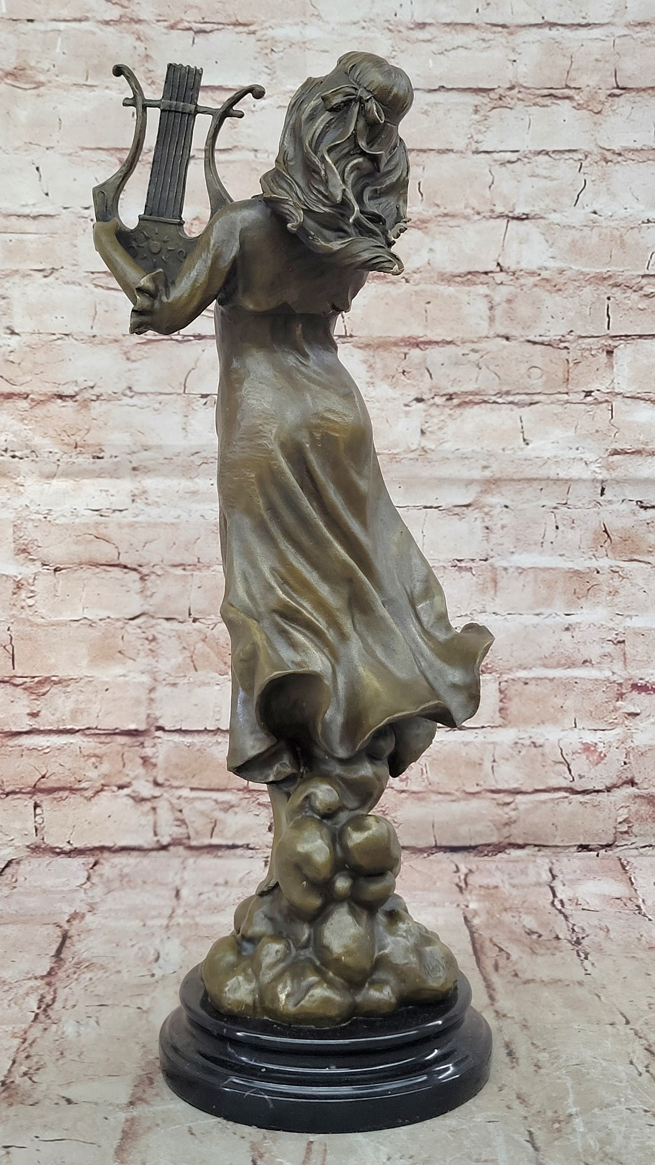 Vitaleh Bronze Harp Girl Statue Female Musician Figurine Detailed Sculpture