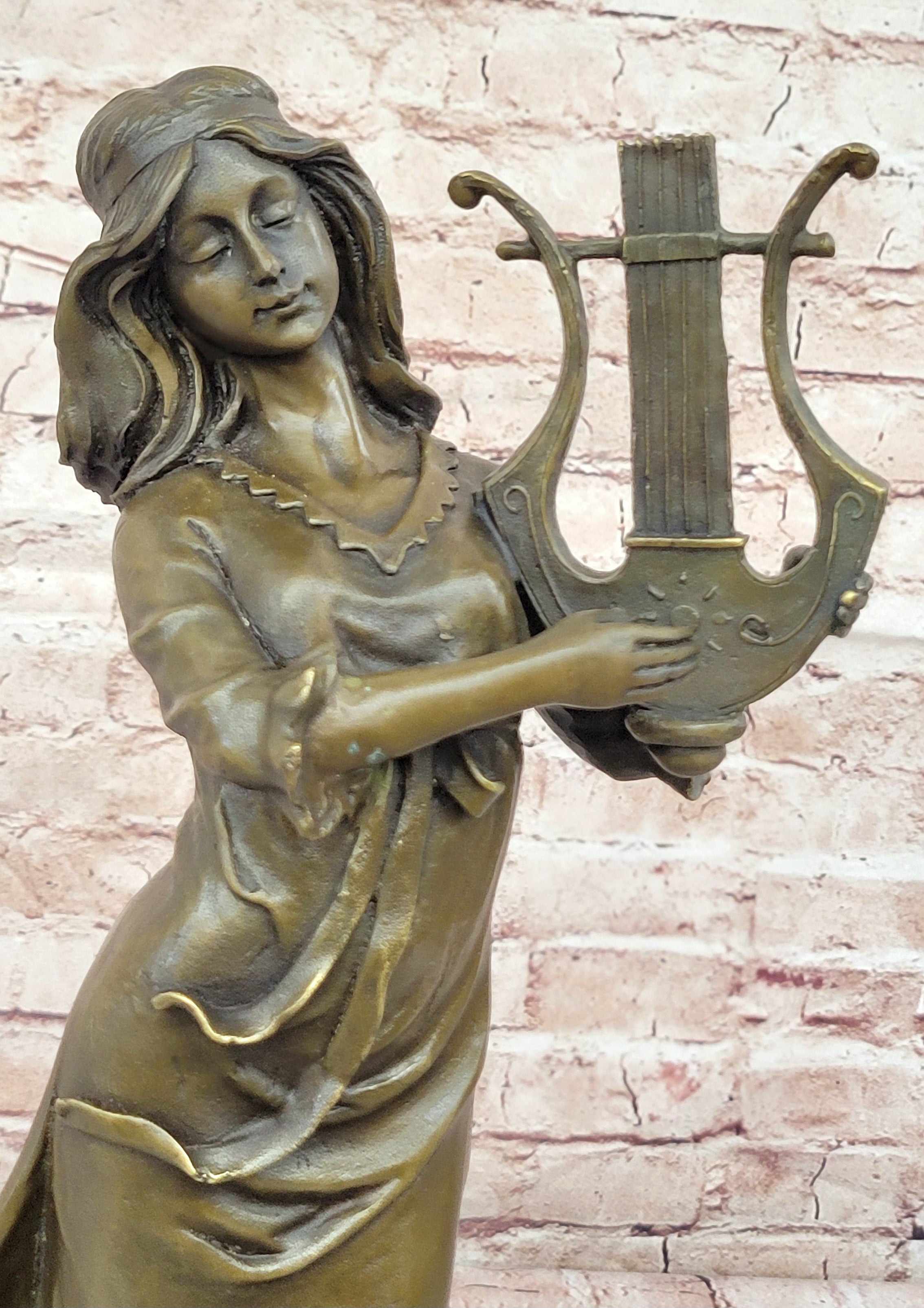 Vitaleh Bronze Harp Girl Statue Female Musician Figurine Detailed Sculpture