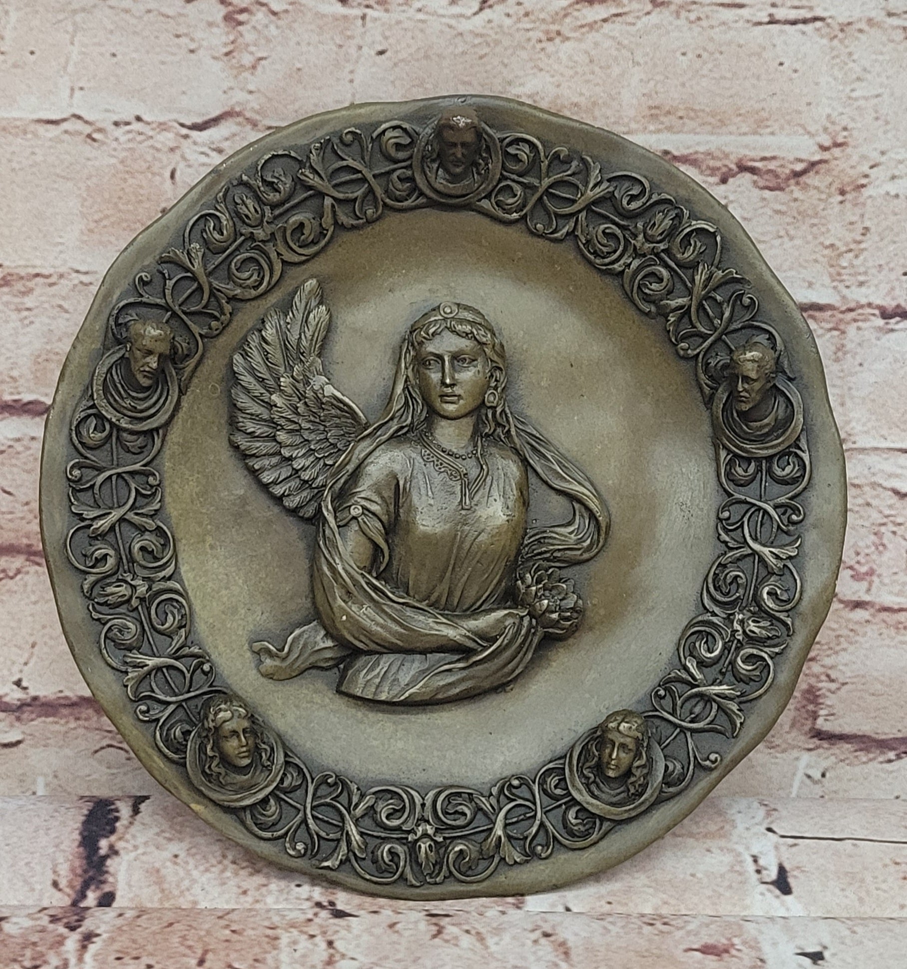 Bronze Sculpture Guardian Angel Bas Relief Protector Religious Belief Statue Dec