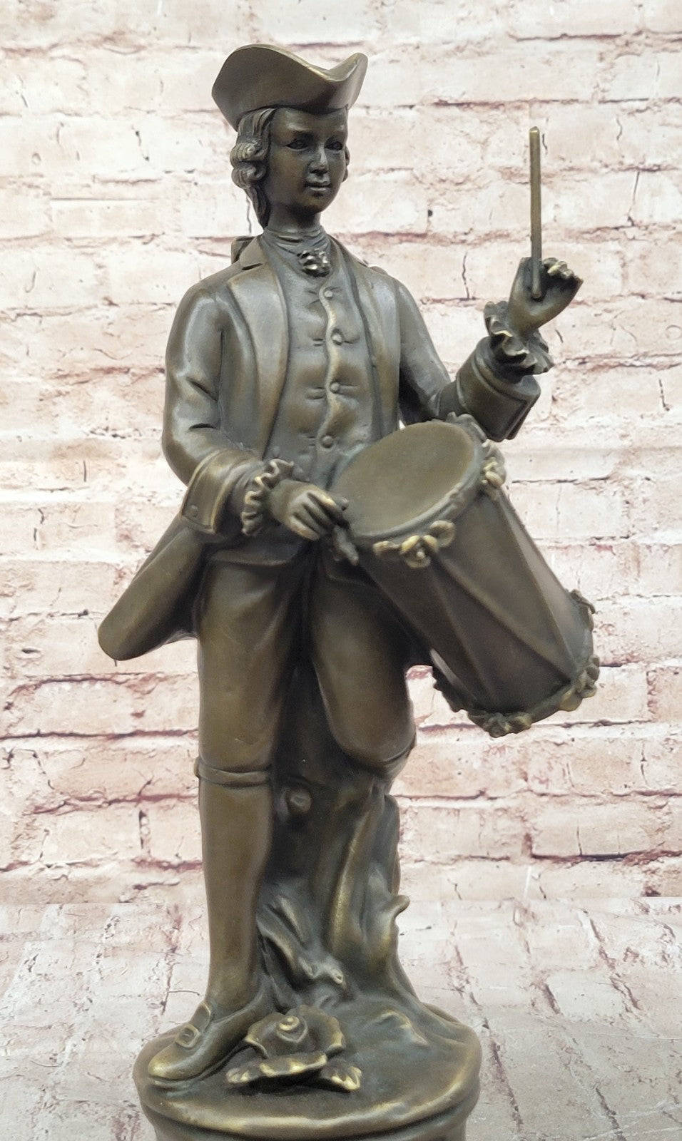 EUROPEAN BRONZE Gorgeous American Civil War Drummer Bronze Sculpture Marble Base Statue