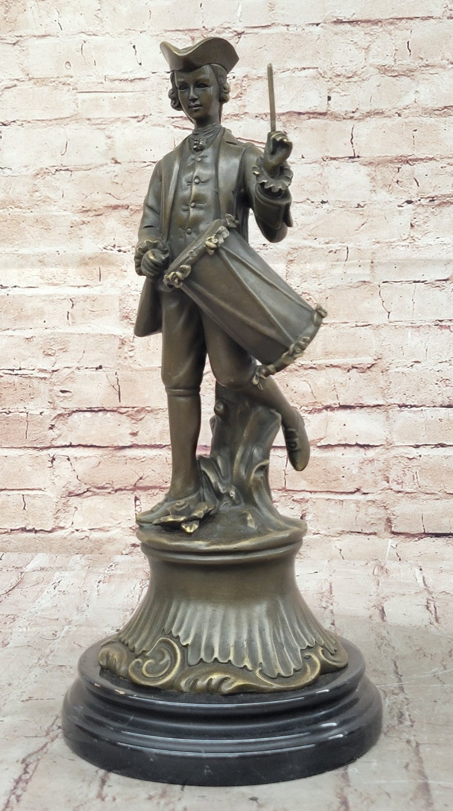 EUROPEAN BRONZE Gorgeous American Civil War Drummer Bronze Sculpture Marble Base Statue