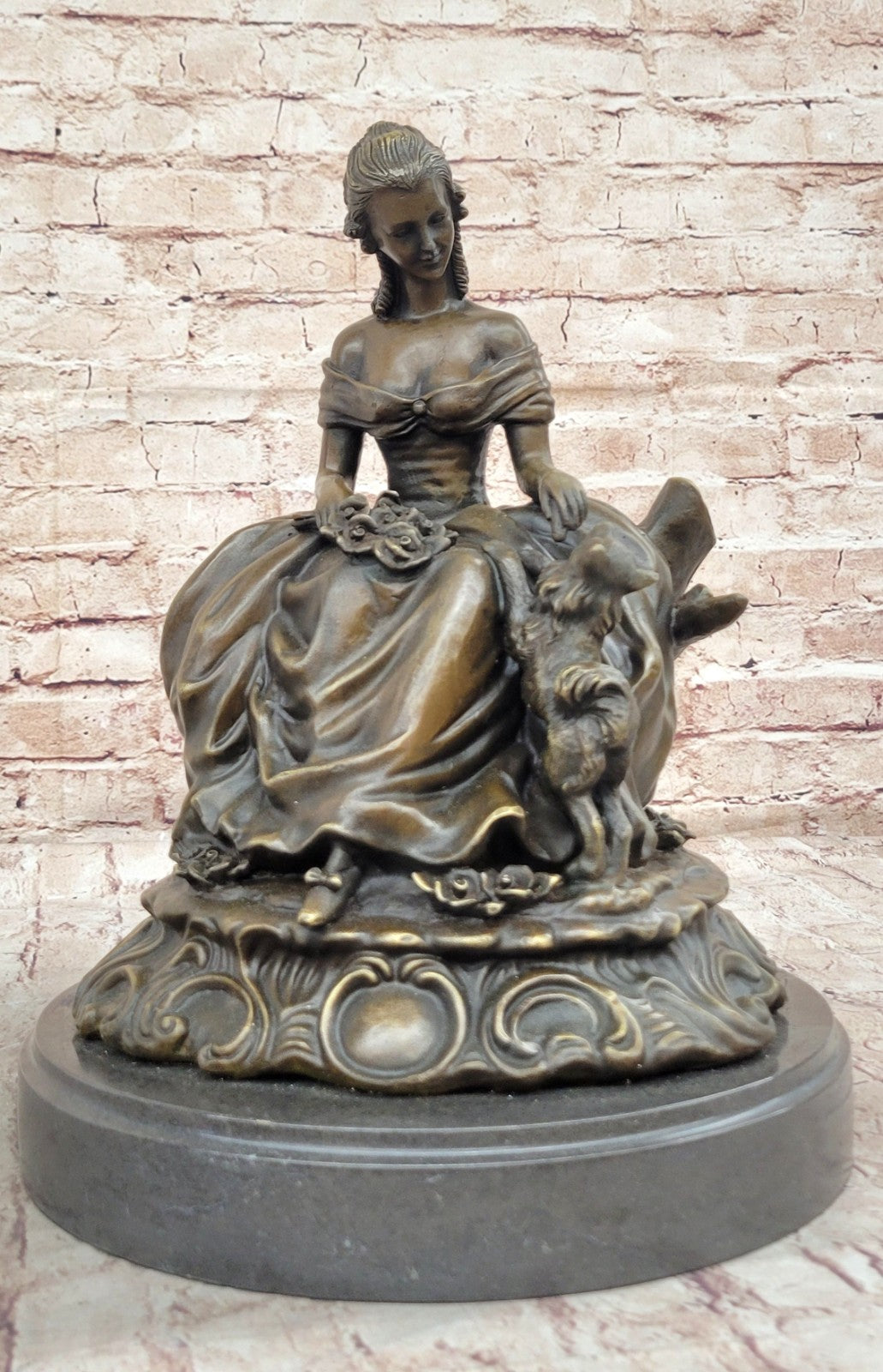 Classical lady Sits with dog bronze sculptures Chinese Foo dogs Animal Statues
