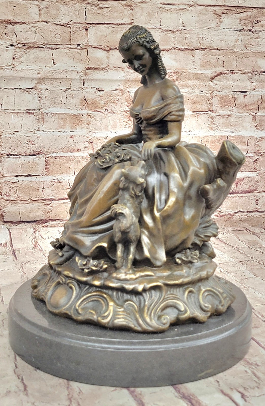 Classical lady Sits with dog bronze sculptures Chinese Foo dogs Animal Statues