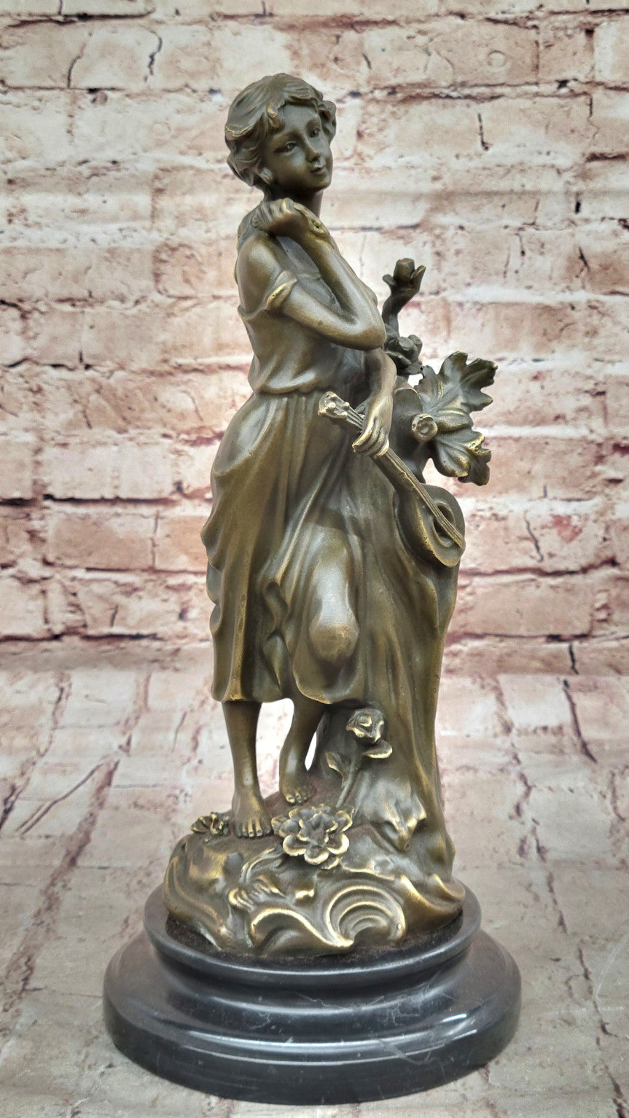 Handmade Classic Artwork of Woman Musician Playing Banjo, Bronze Sculpture by Milo