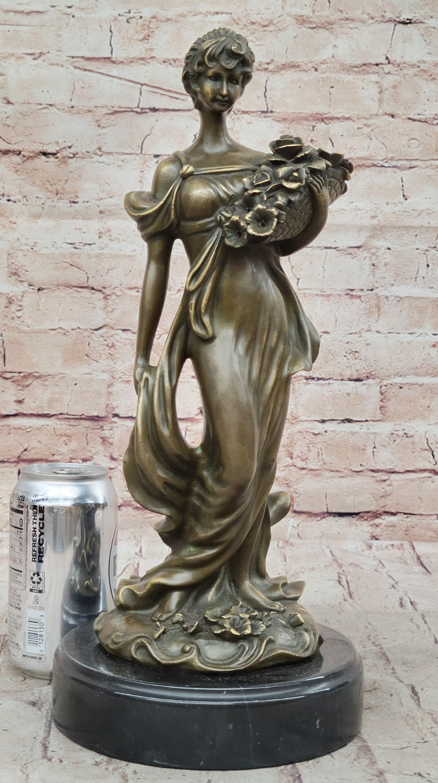 Detailed Vintage Bronze Sculpture of Woman with Flower Basket, Signed Original by M.Lopez