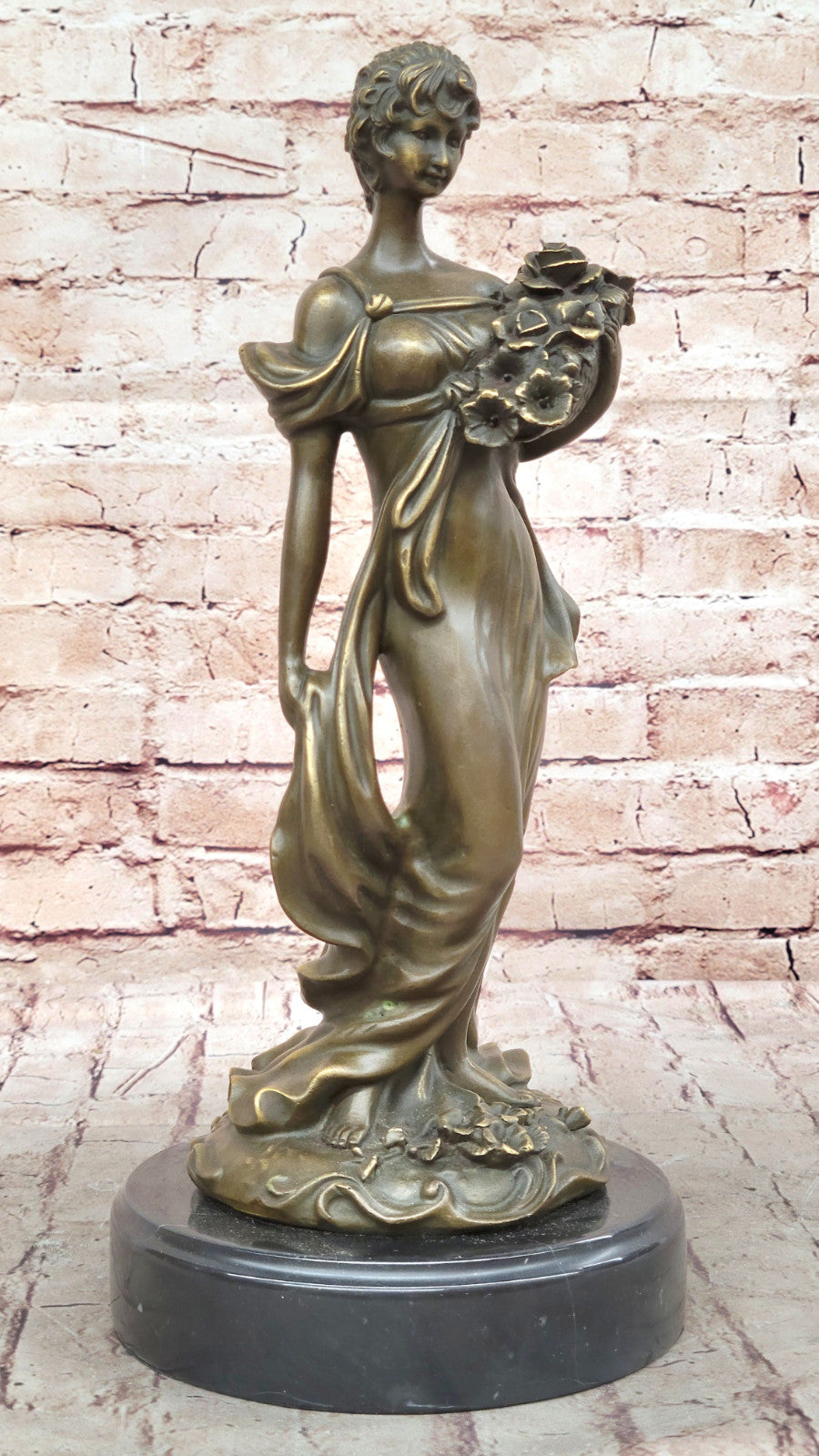 Detailed Vintage Bronze Sculpture of Woman with Flower Basket, Signed Original by M.Lopez