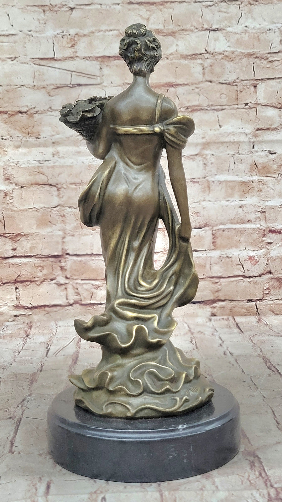 Detailed Vintage Bronze Sculpture of Woman with Flower Basket, Signed Original by M.Lopez