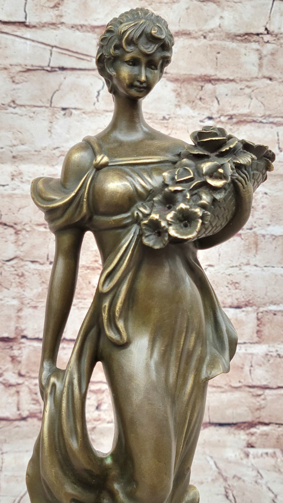 Detailed Vintage Bronze Sculpture of Woman with Flower Basket, Signed Original by M.Lopez