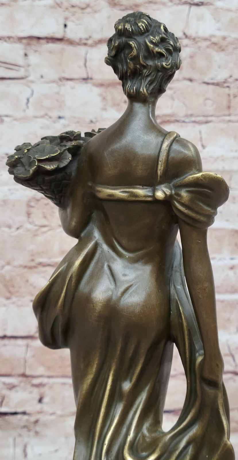 Detailed Vintage Bronze Sculpture of Woman with Flower Basket, Signed Original by M.Lopez