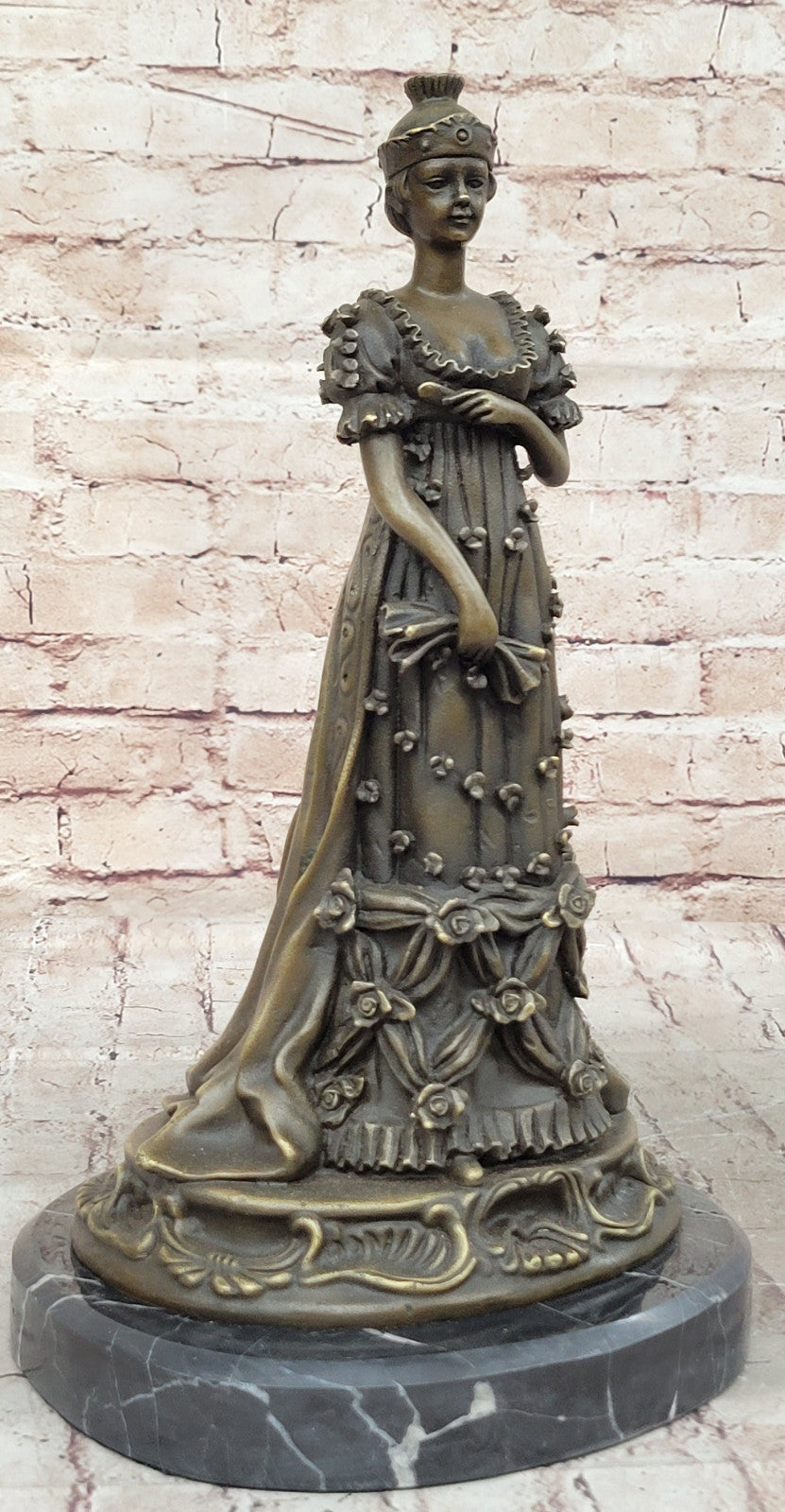 Milo Art Deco Bronze Sculpture of Queen in Floral Dress, Hand Made Hot Cast Figurine