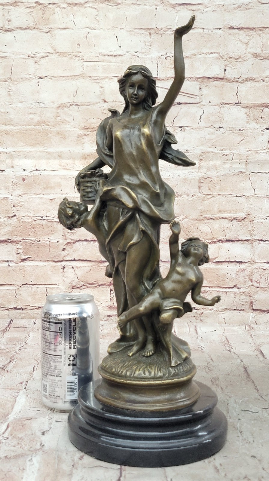 Vintage Nude Nymph Woman holding Twin baby Children 100% Bronze Sculpture Statue