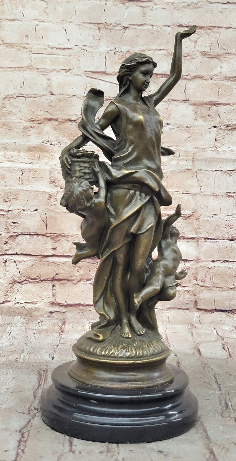 Vintage Nude Nymph Woman holding Twin baby Children 100% Bronze Sculpture Statue