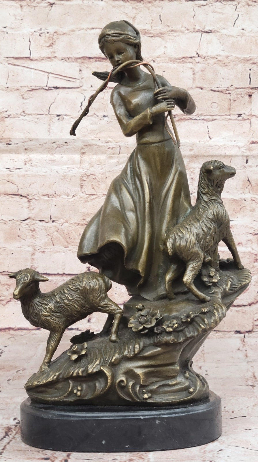 100% Solid Bronze Young Shepherd Girl Attend Her Flock Sculpture Marble Base Art