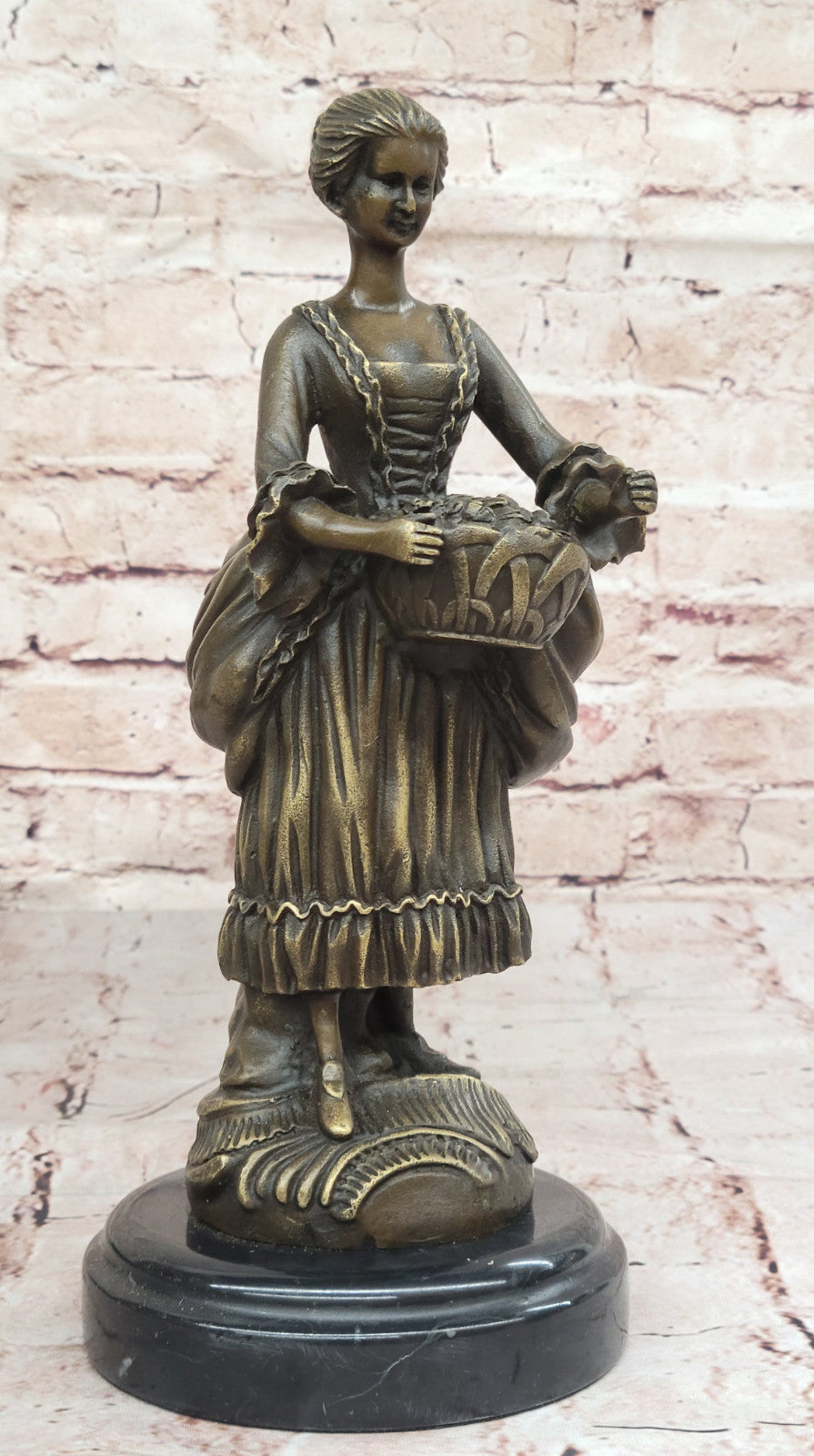 Signed Milo Bronze Sculpture - Victorian Lady with Fruit Basket Classic Decor