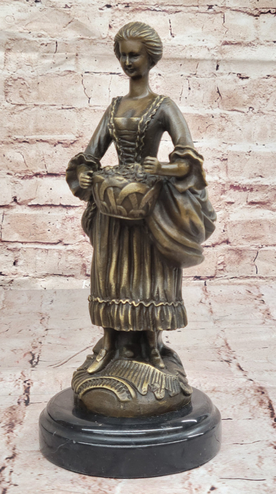 Signed Milo Bronze Sculpture - Victorian Lady with Fruit Basket Classic Decor