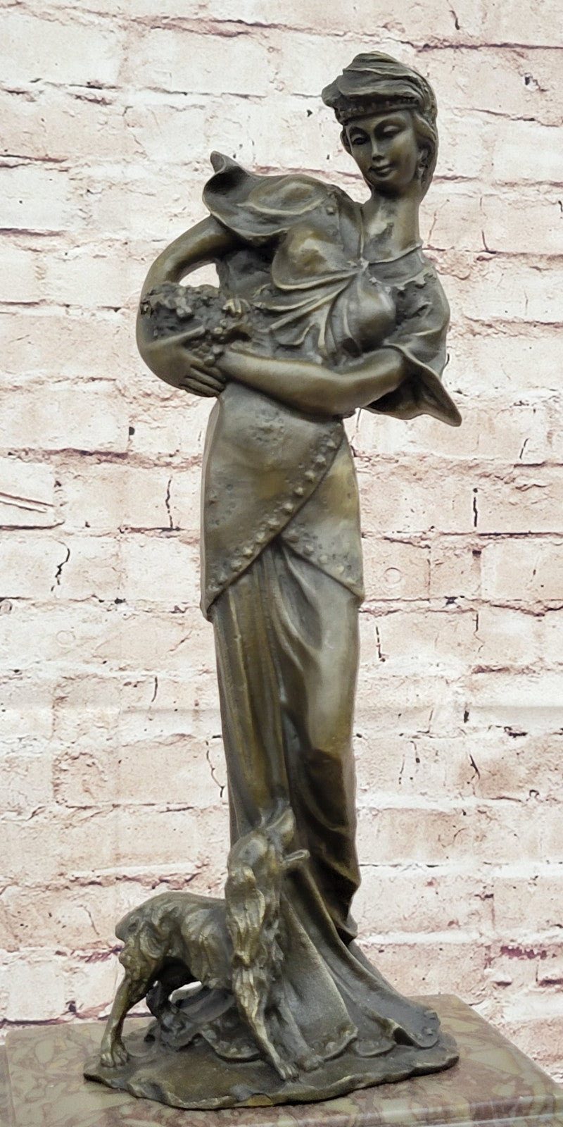 A. Moreau French Marble Mantle Clock: Figural Woman and Dog Statue Hot Cast