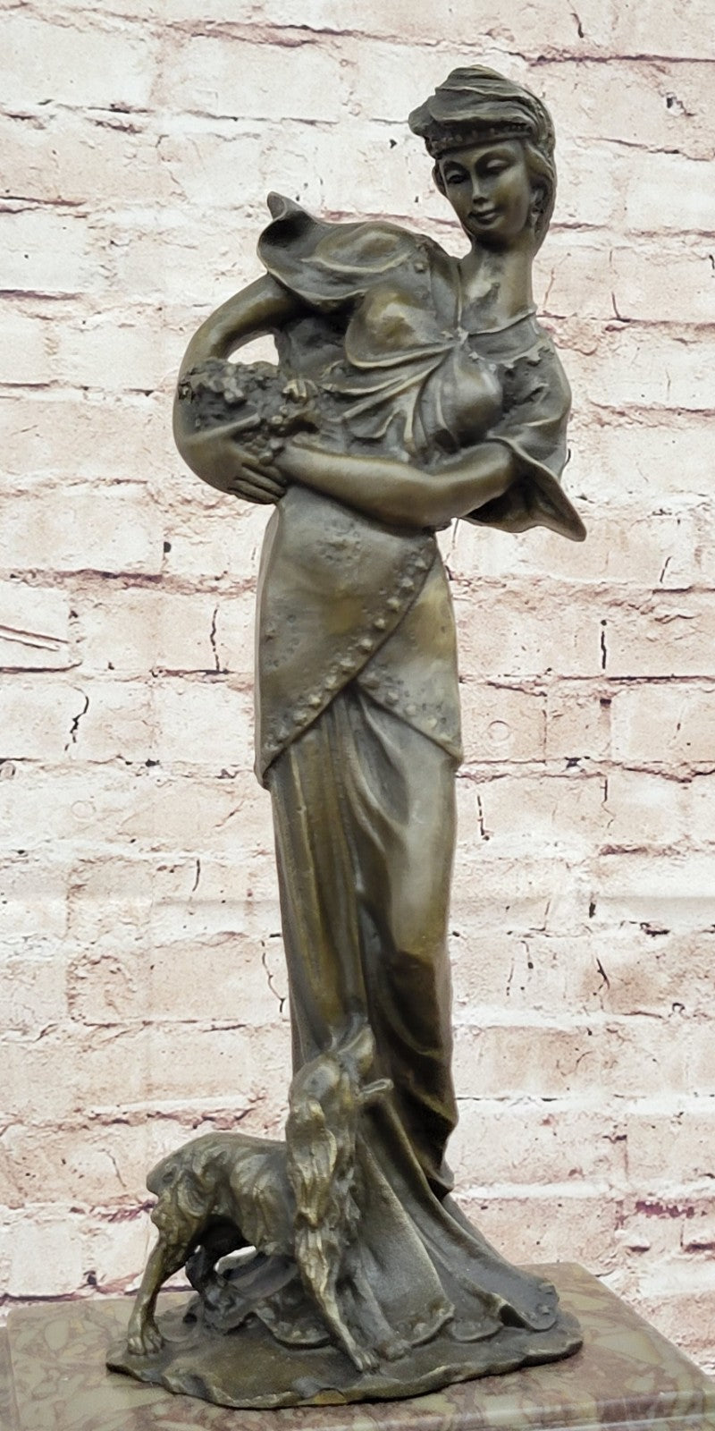 A. Moreau French Marble Mantle Clock: Figural Woman and Dog Statue Hot Cast