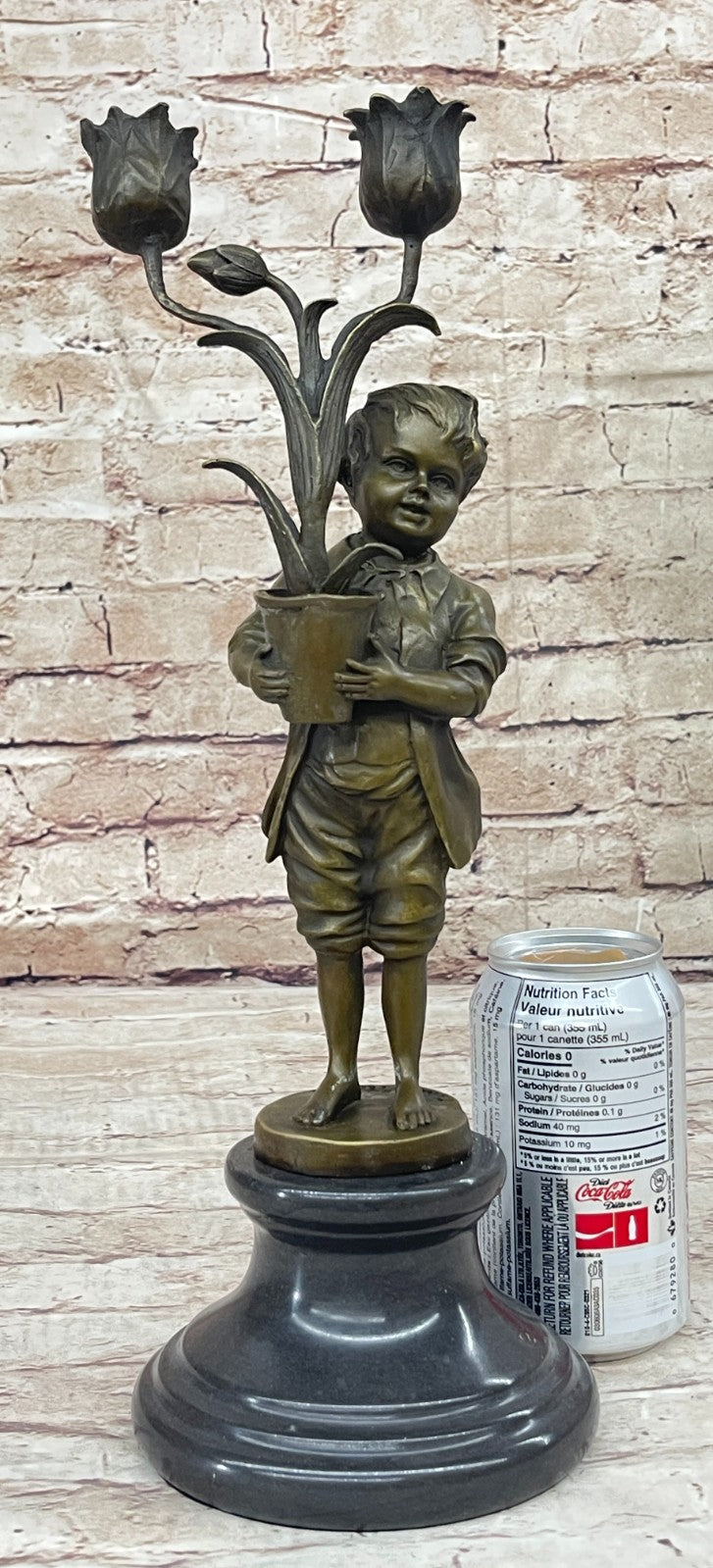 Collectible Aldo Vitaleh Bronze Sculpture - Young Boy Holding Tulip Vase Candle Holder