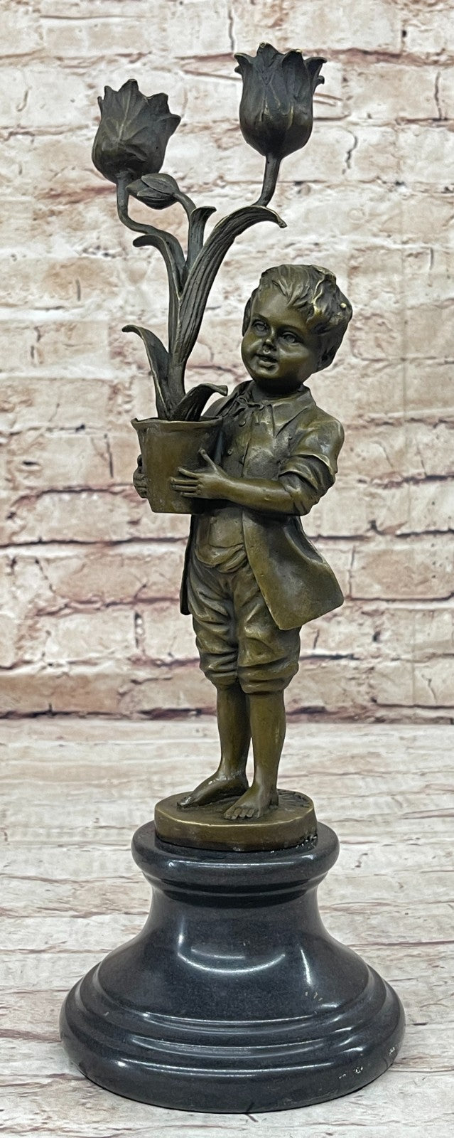 Collectible Aldo Vitaleh Bronze Sculpture - Young Boy Holding Tulip Vase Candle Holder