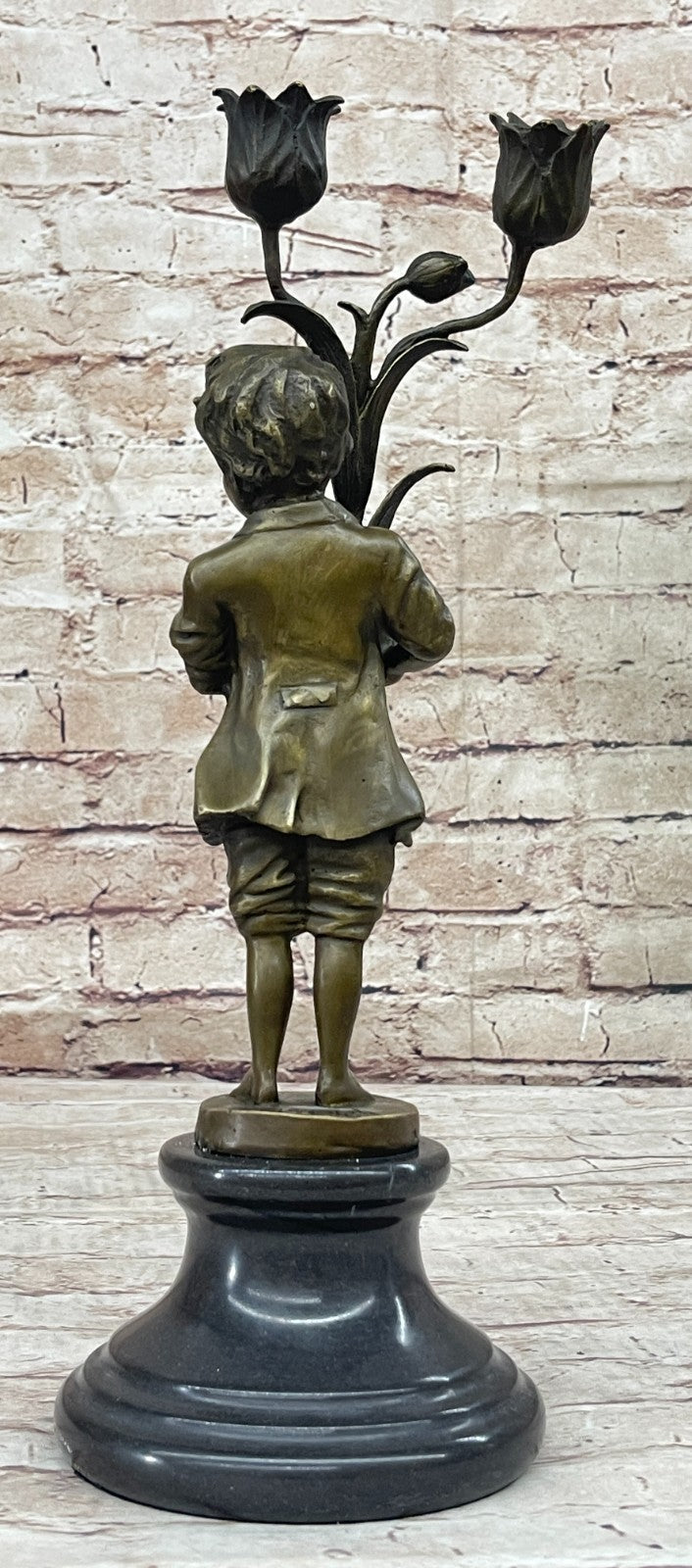 Collectible Aldo Vitaleh Bronze Sculpture - Young Boy Holding Tulip Vase Candle Holder