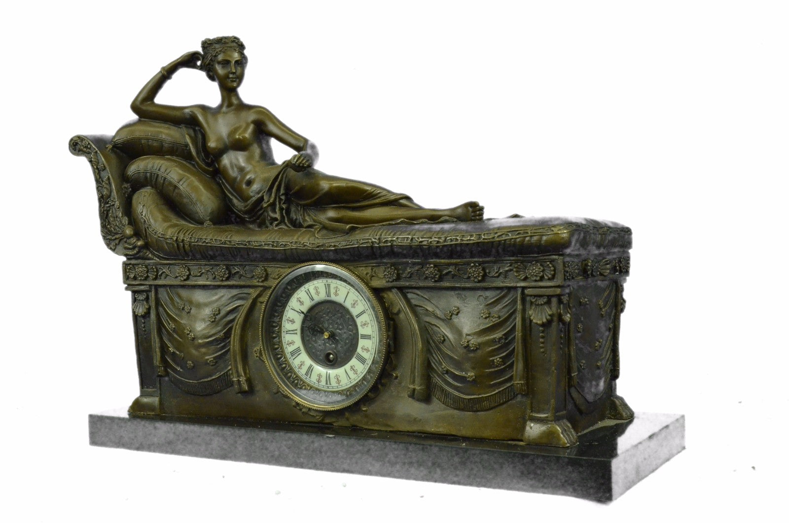 Bronze Clock Statue Nude Female Egyptian Cleopatra Marble Base Figurine Figure