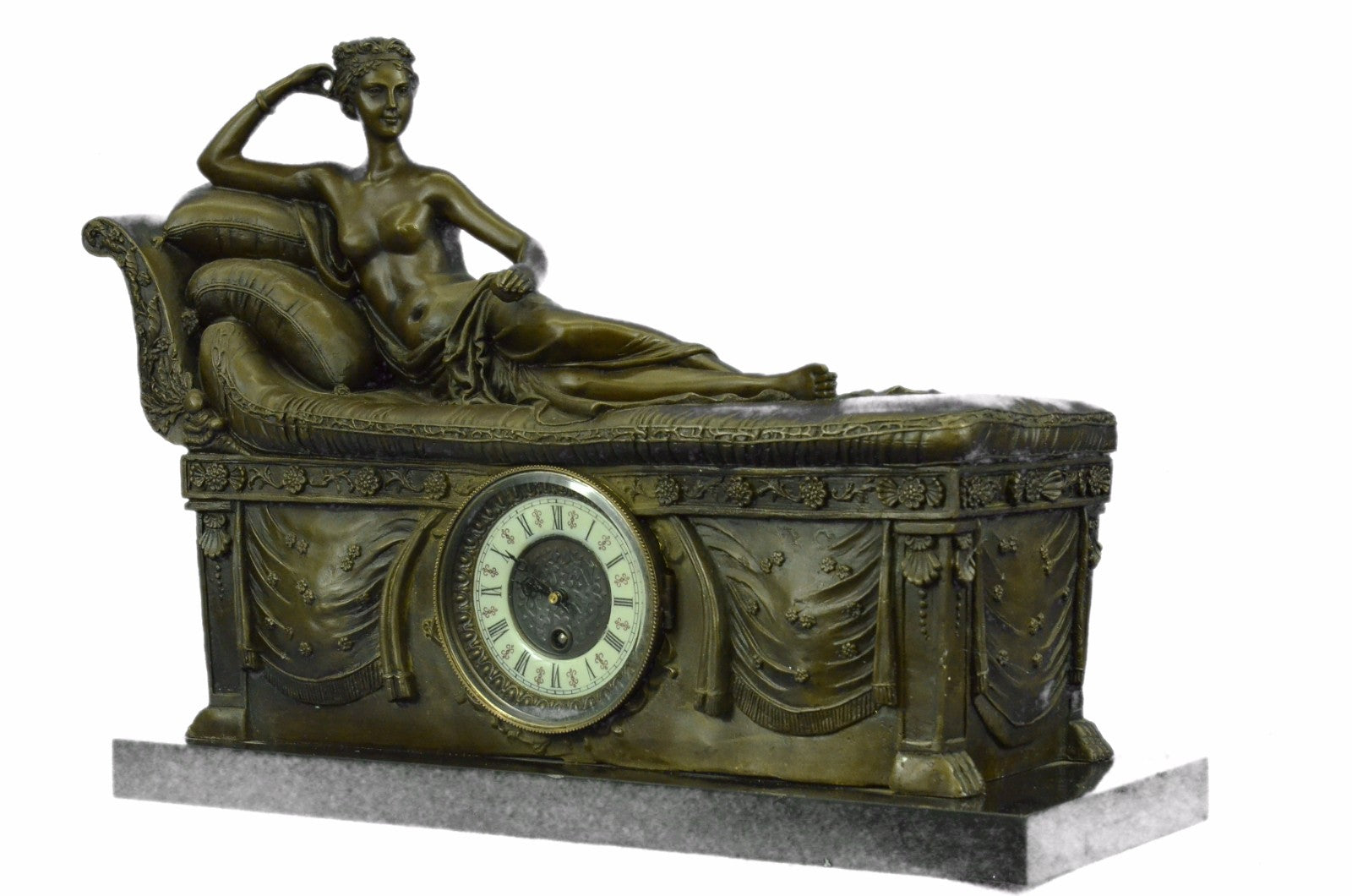 Bronze Clock Statue Nude Female Egyptian Cleopatra Marble Base Figurine Figure