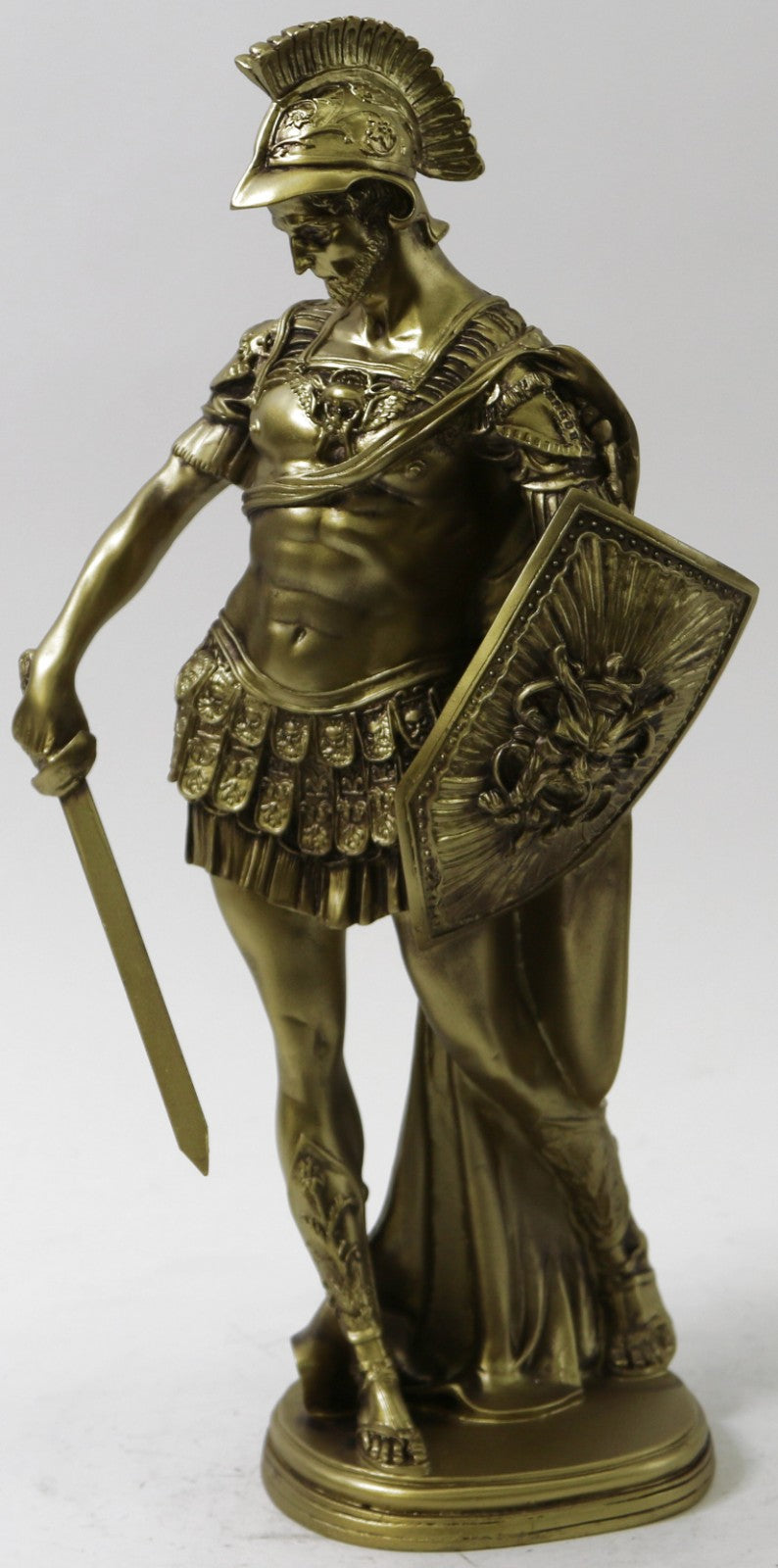 BRONZE COVERED RESIN SCULPTURE ROMAN GOD WARRIOR STATUE FIGURINE FIGURE ART DECO