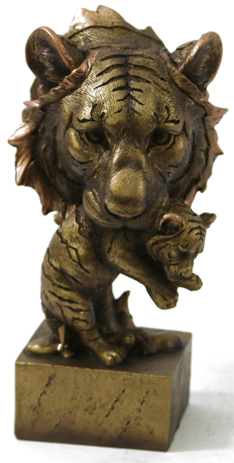 Tiger Head Bust With Cub Faux Carved Bronze Look Figurine Statue 9" Tall