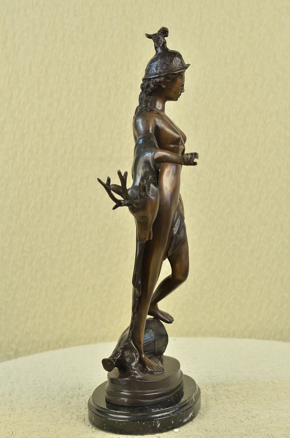 Handcrafted Diana The Hunter With Stag Bronze Sculpture Hot Cast Marble Base