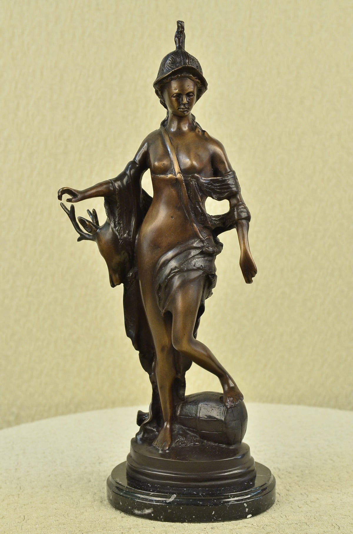 Handcrafted Diana The Hunter With Stag Bronze Sculpture Hot Cast Marble Base